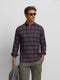 Two-tone tartan plaid sport shirt, blue and burgundy