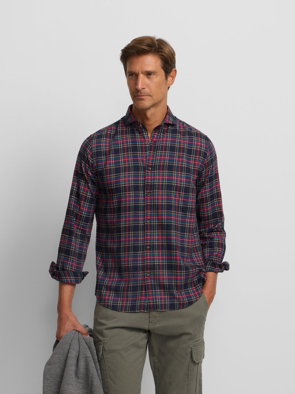 Two-tone tartan plaid sport shirt, blue and burgundy