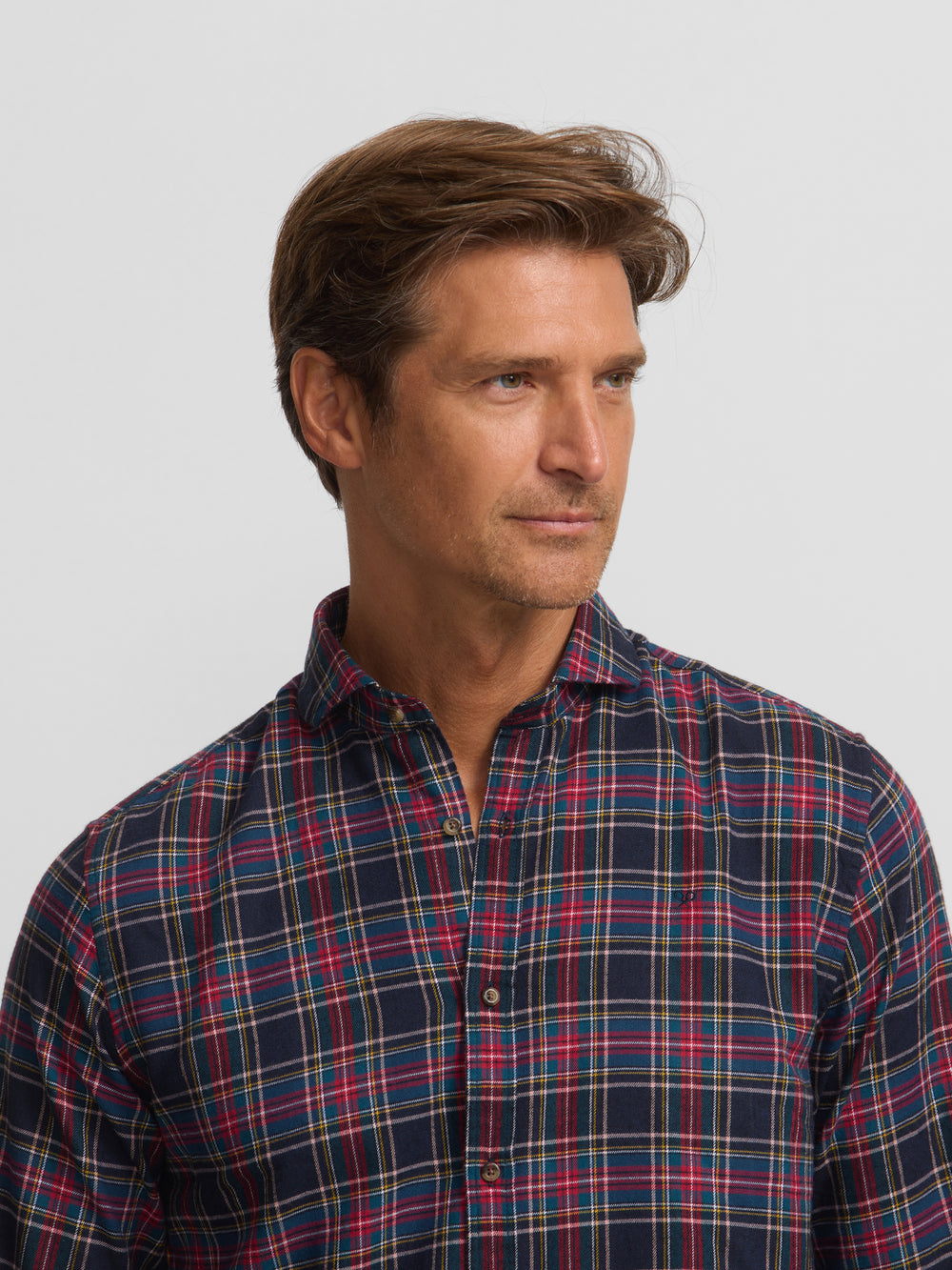 Two-tone tartan plaid sport shirt, blue and burgundy