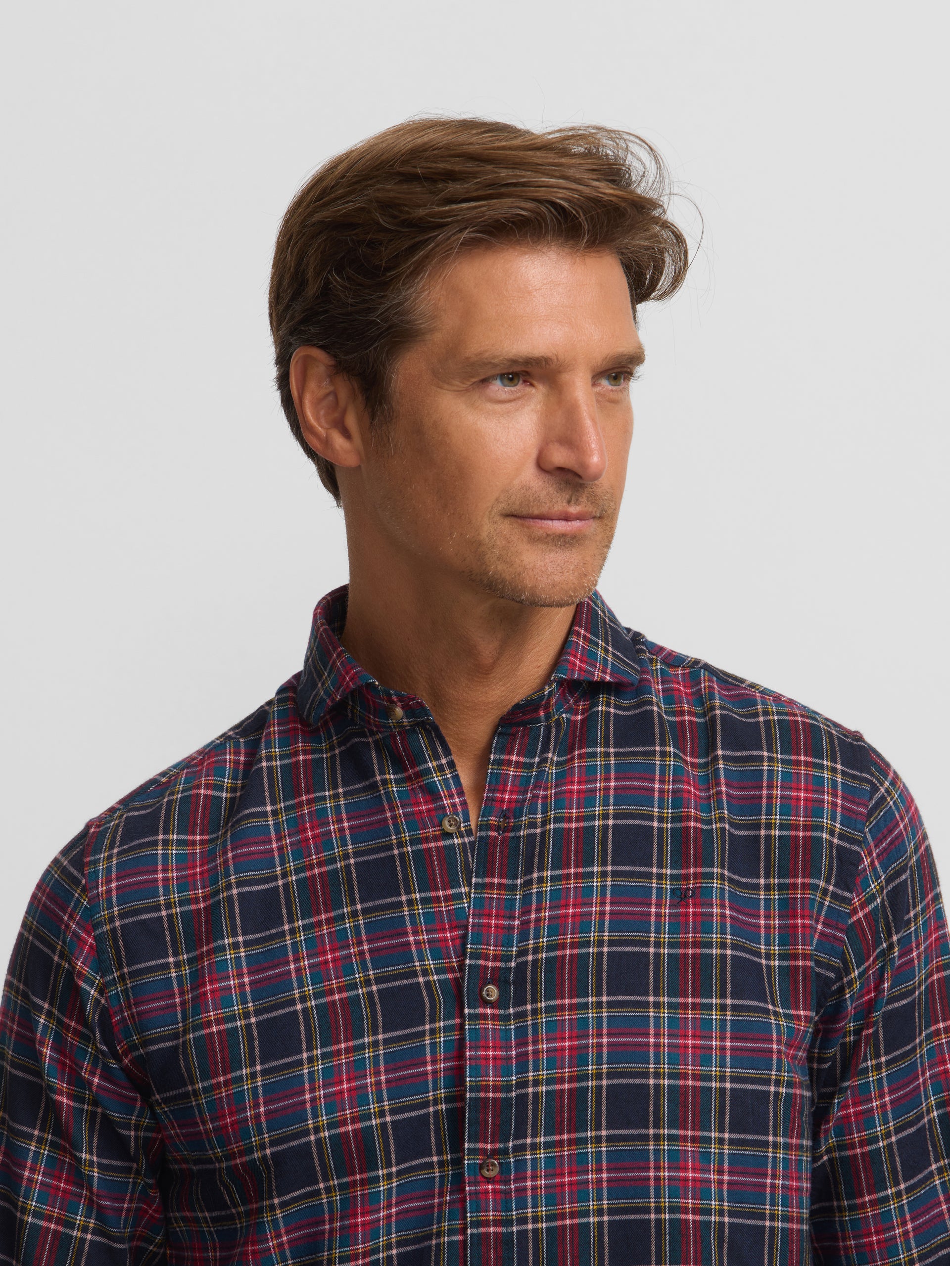 Two-tone tartan plaid sport shirt, blue and burgundy