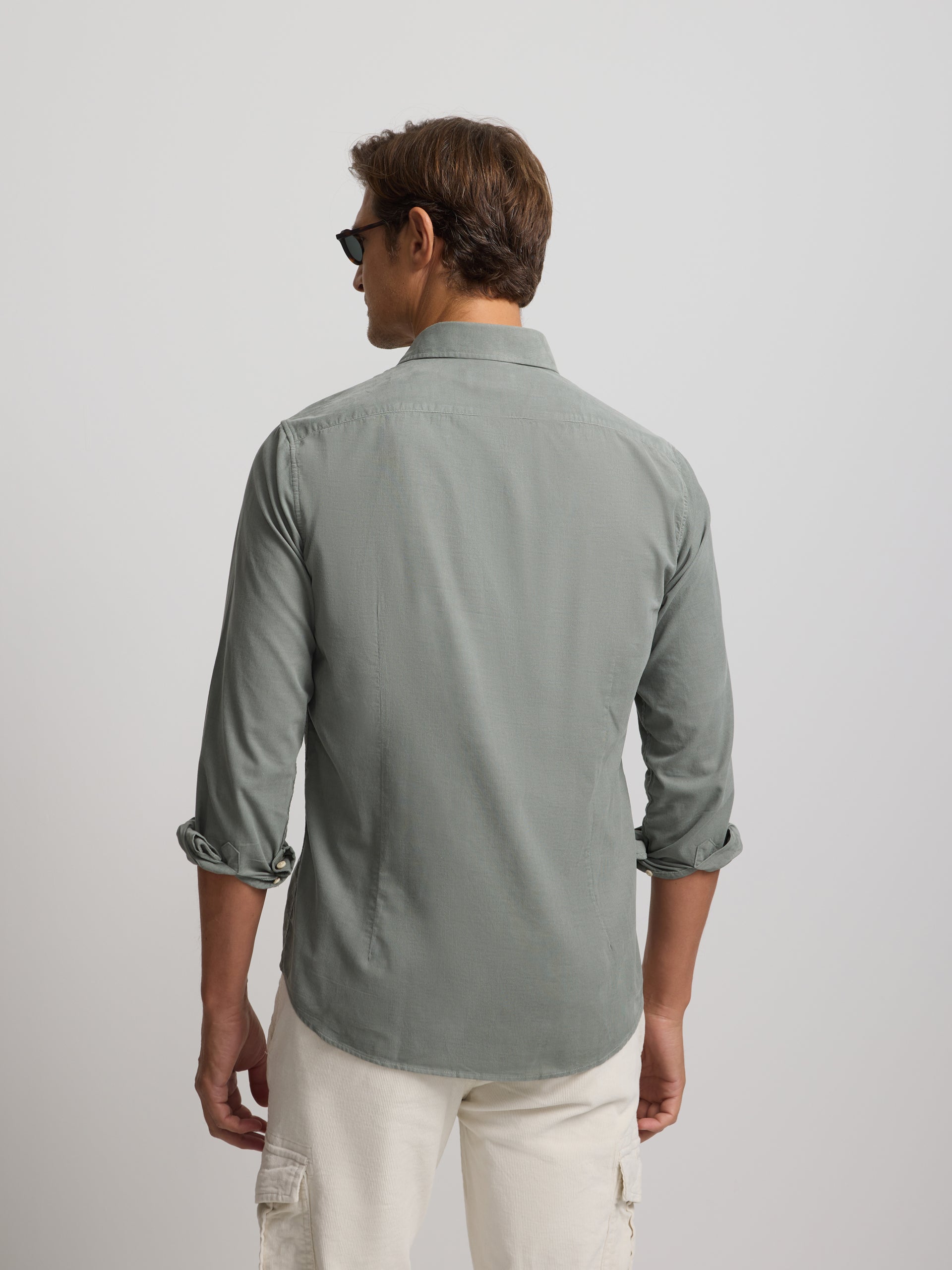 green corduroy sport shirt with cutaway collar