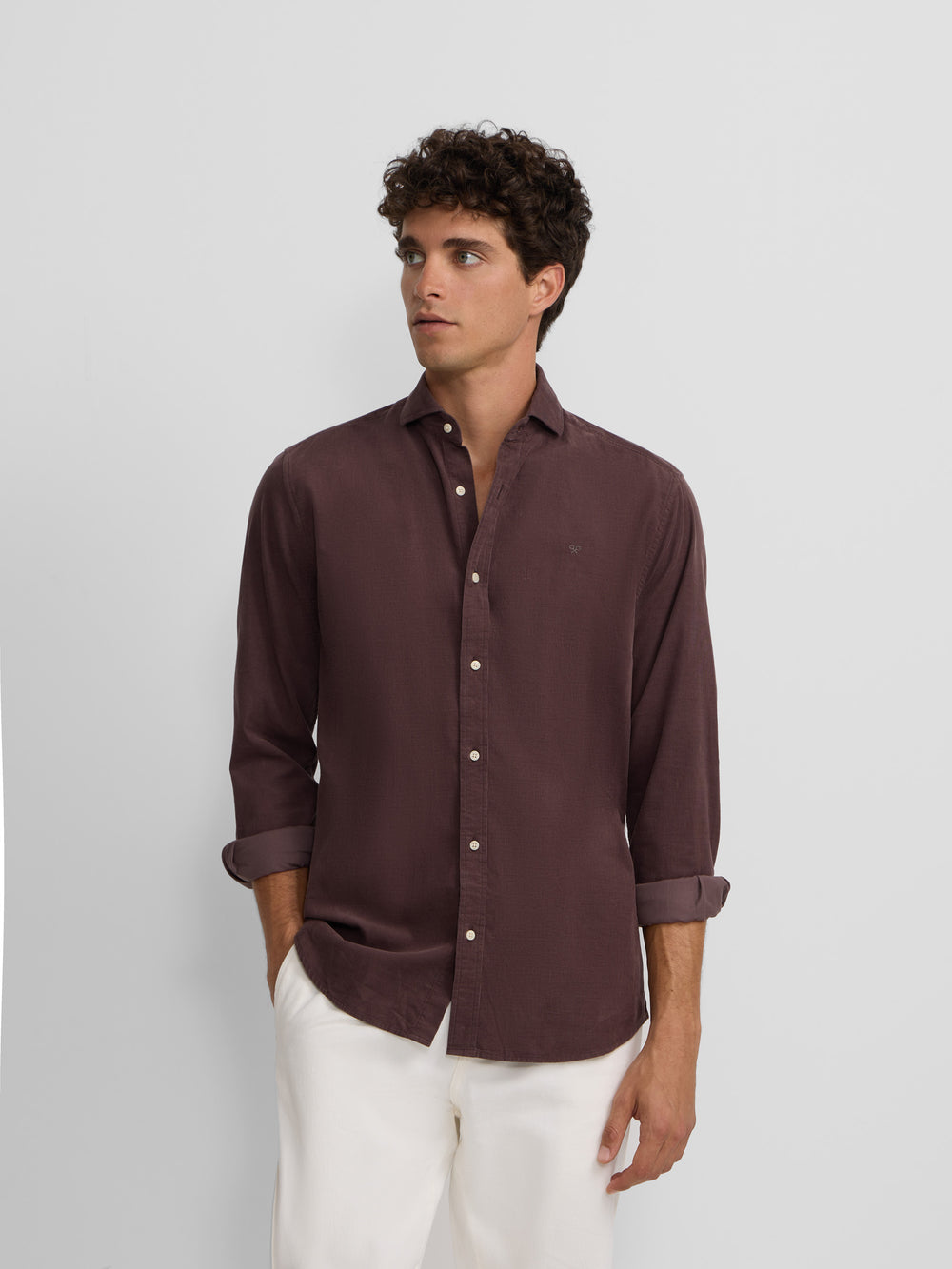 Burgundy corduroy cutaway collar sport shirt