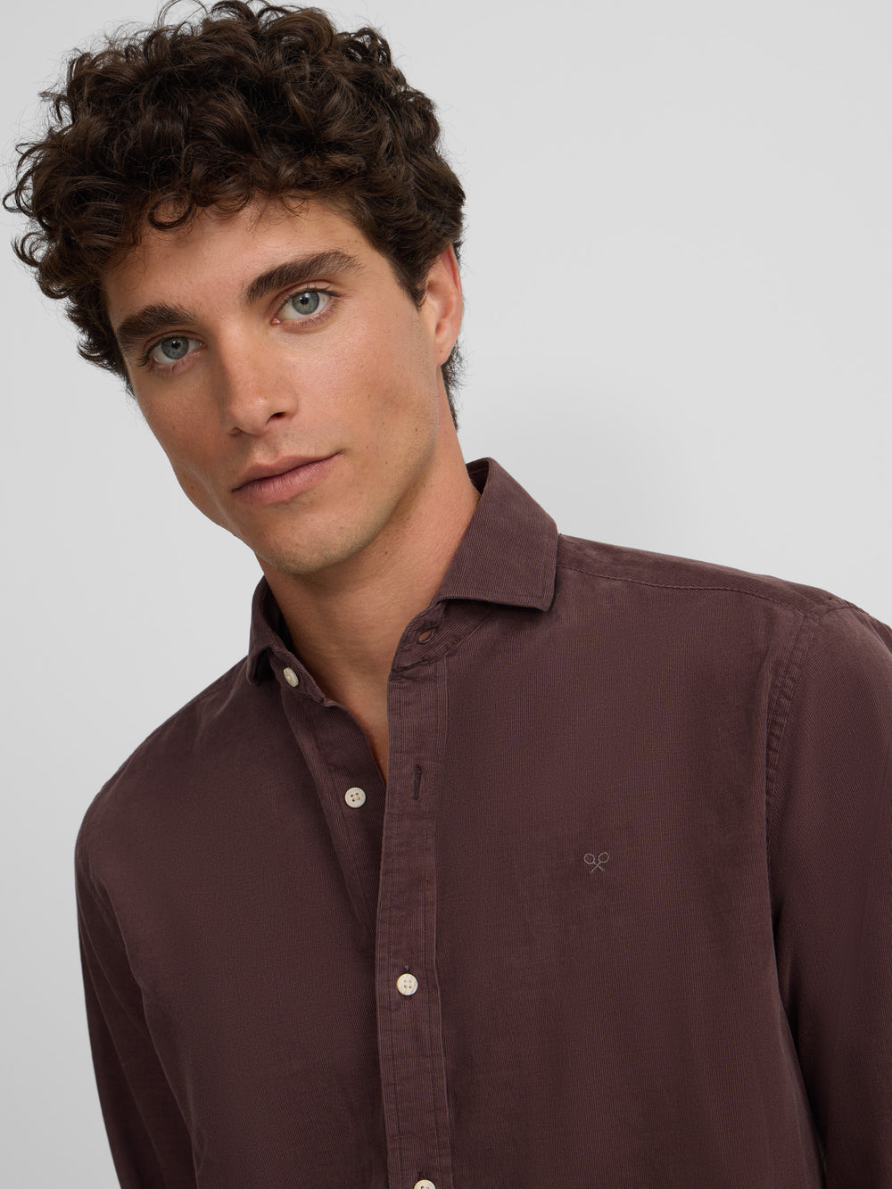 Burgundy corduroy cutaway collar sport shirt