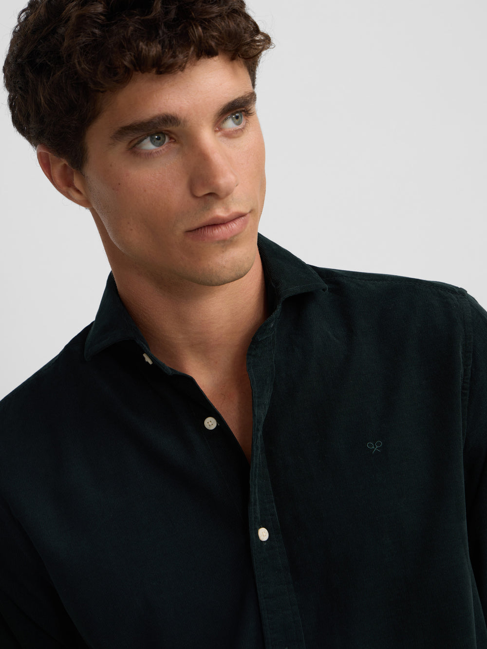 Dark green corduroy cutaway collar sport shirt