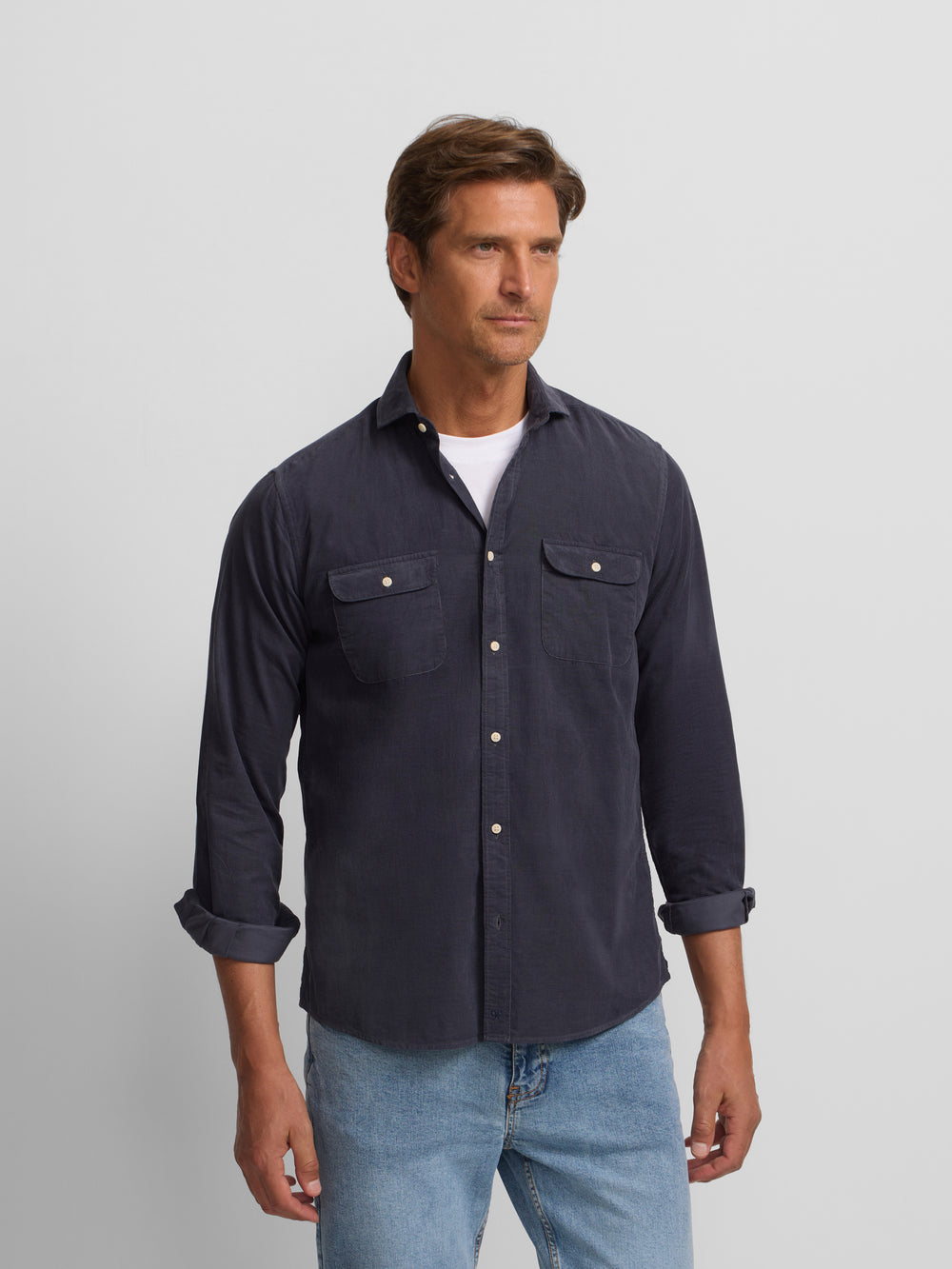 Indigo blue corduroy sport shirt with pockets