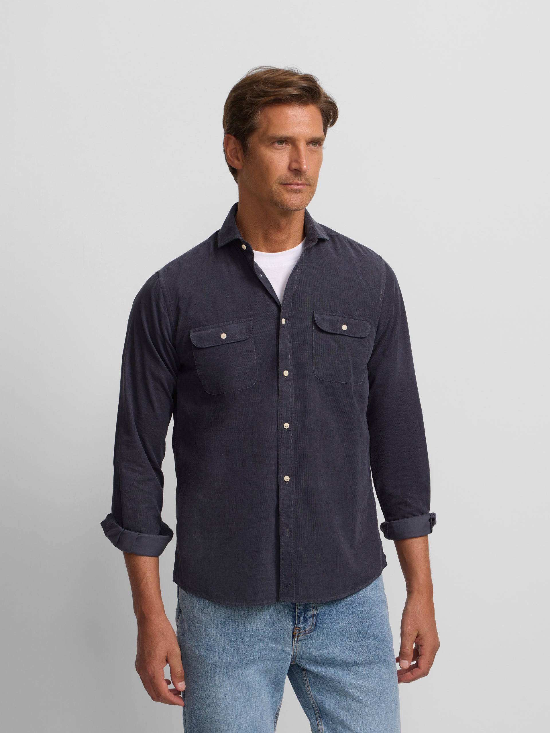 Indigo blue corduroy sport shirt with pockets