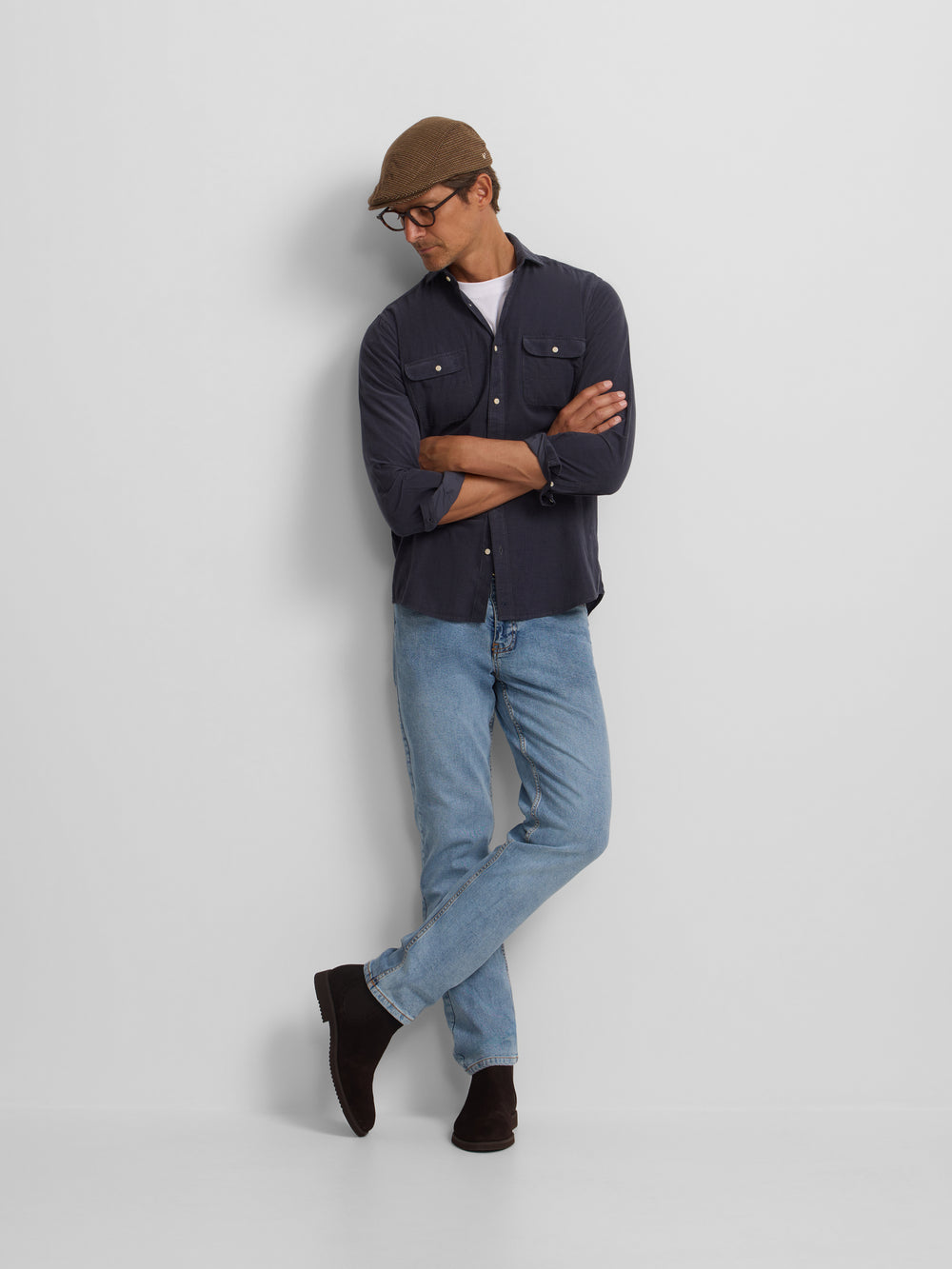 Indigo blue corduroy sport shirt with pockets