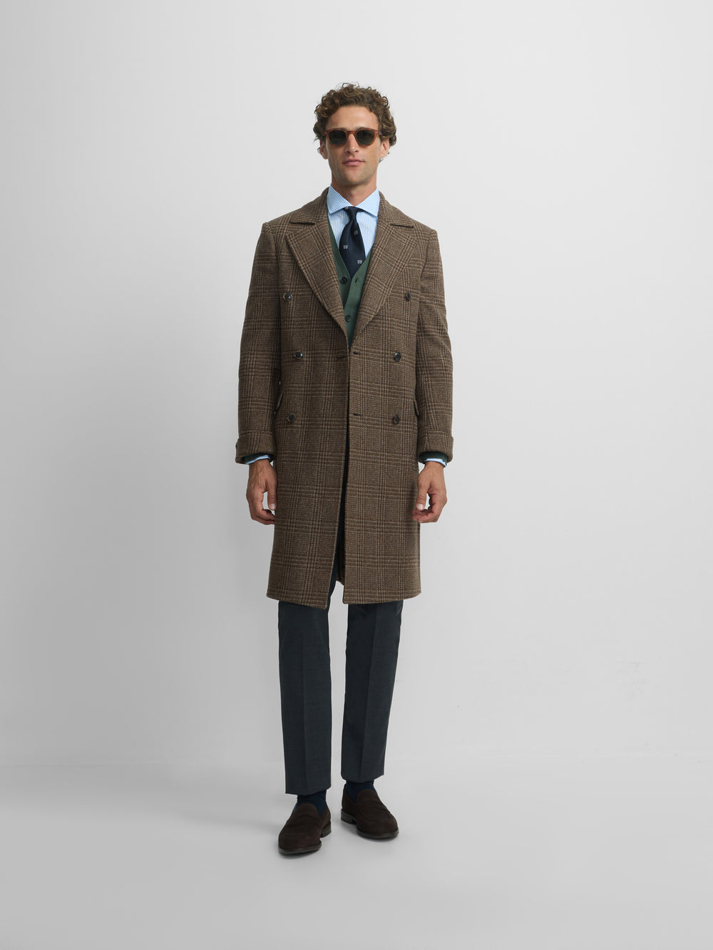 Brown Prince of Wales double-breasted coat
