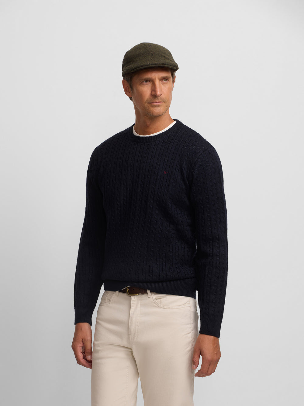 Classic navy blue cable knit sweater