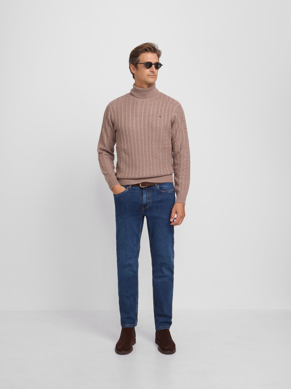 Light brown cable knit turtleneck sweater