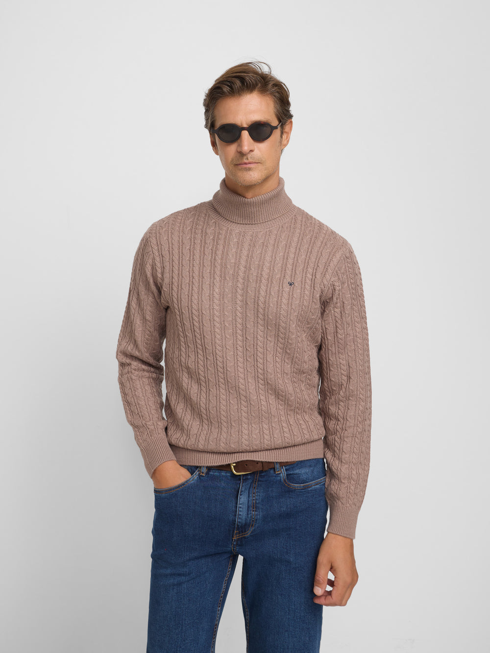 Light brown cable knit turtleneck sweater