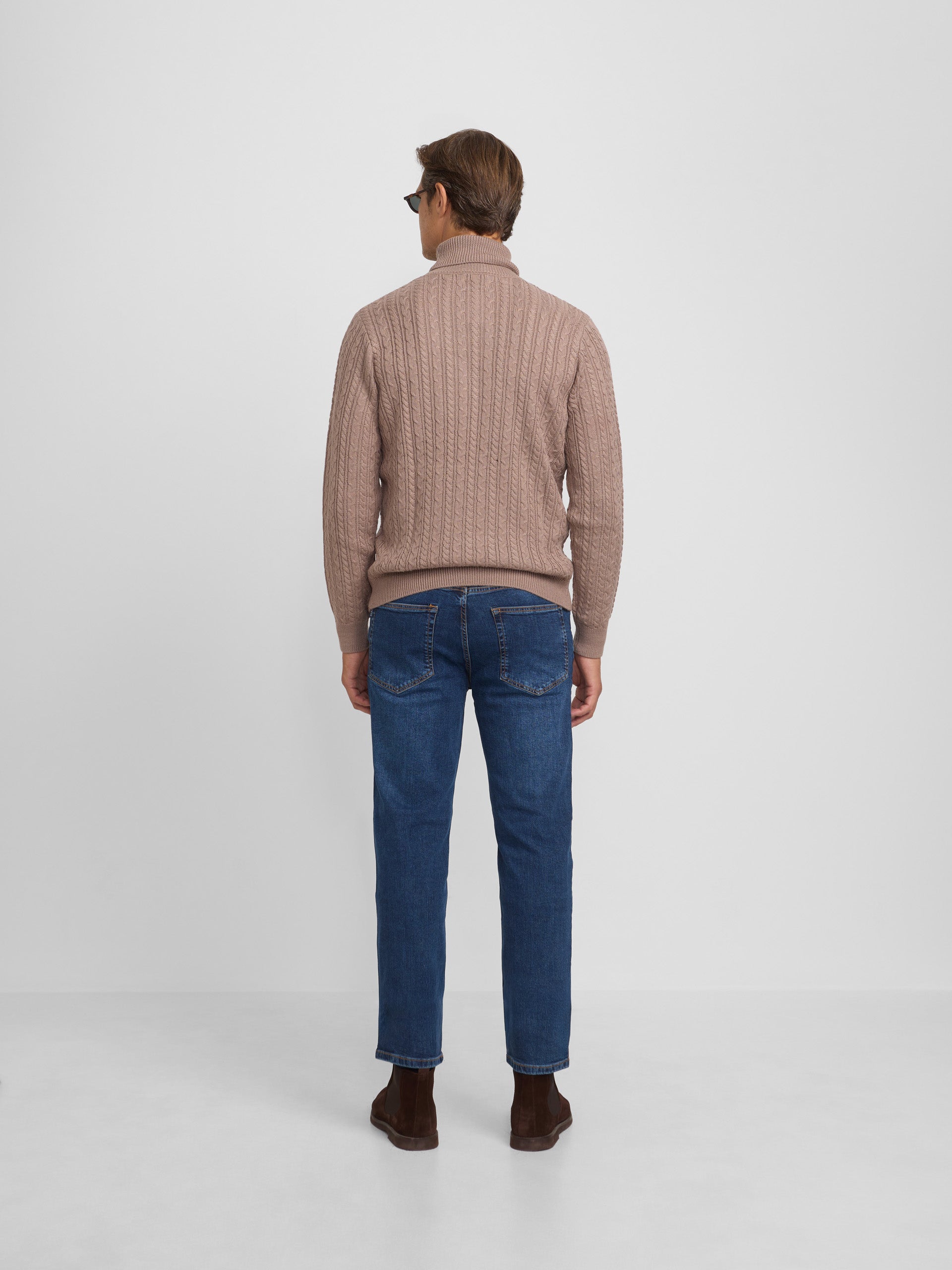 Light brown cable knit turtleneck sweater