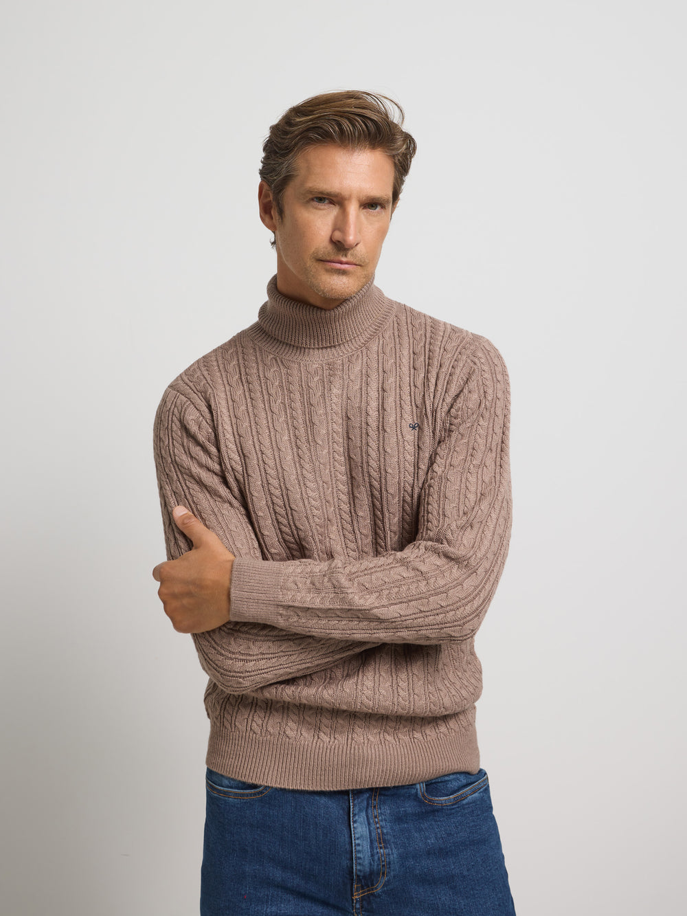 Light brown cable knit turtleneck sweater