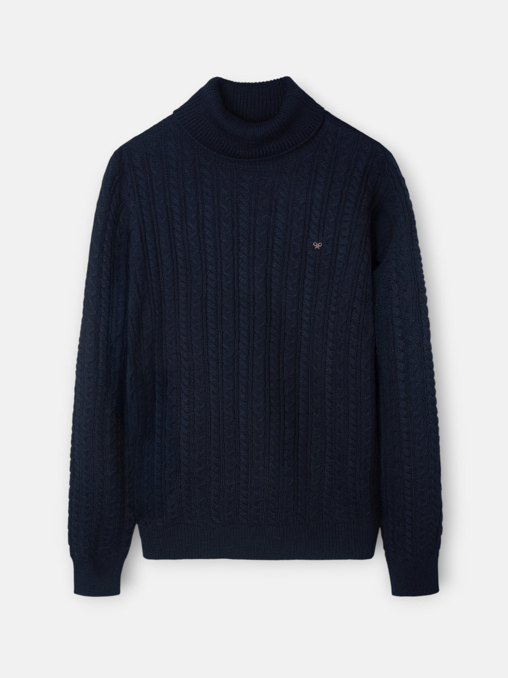 Navy blue cable knit turtleneck sweater