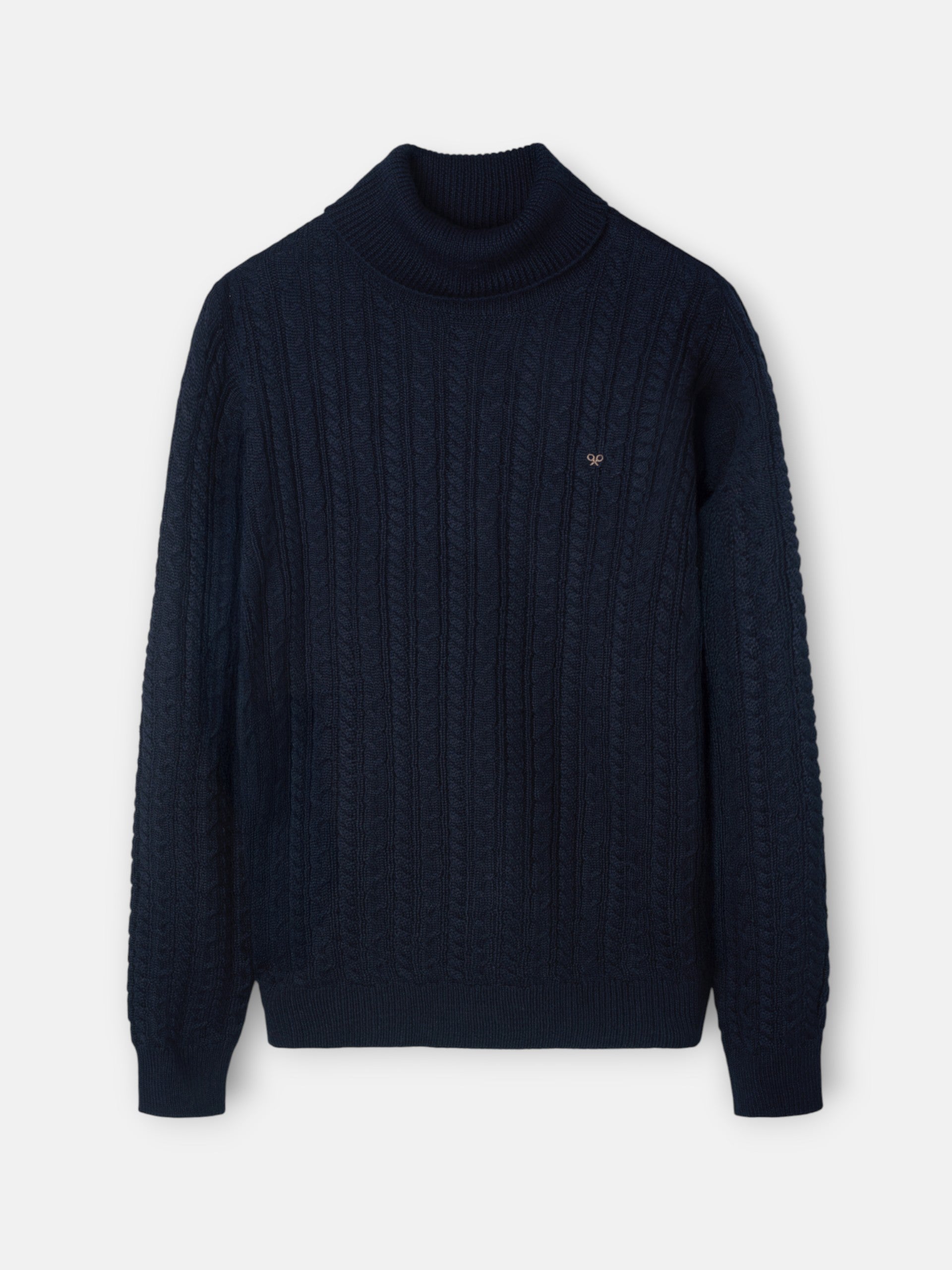 Navy blue cable knit turtleneck sweater