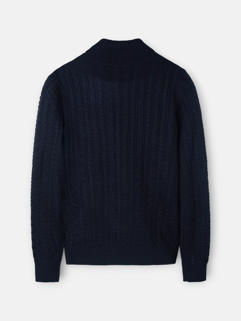 Navy blue cable knit turtleneck sweater