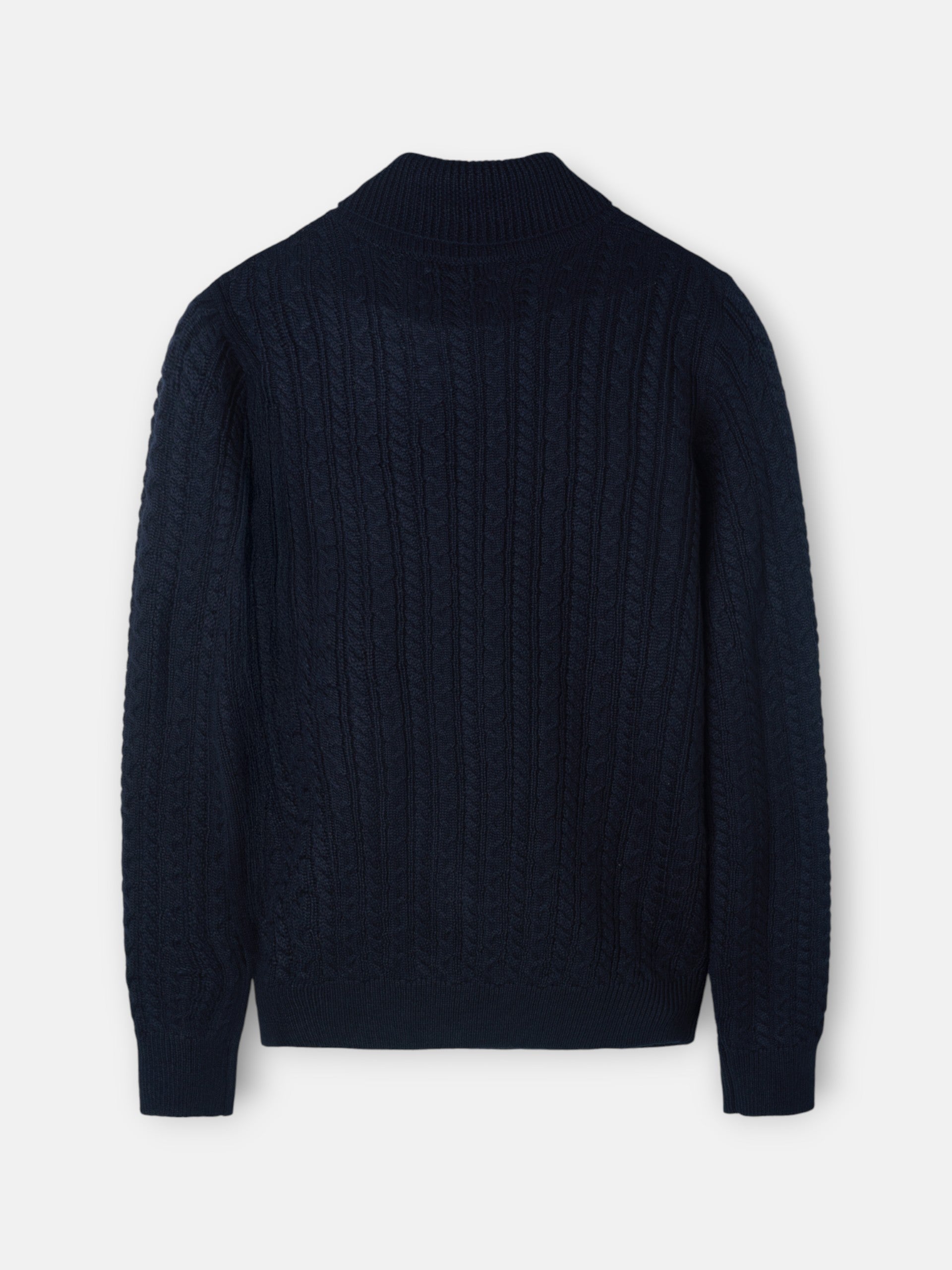 Navy blue cable knit turtleneck sweater