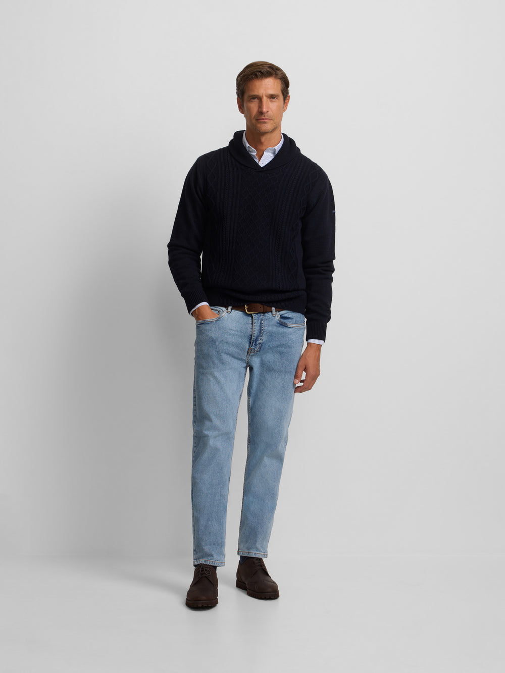 Navy blue shawl collar sweater