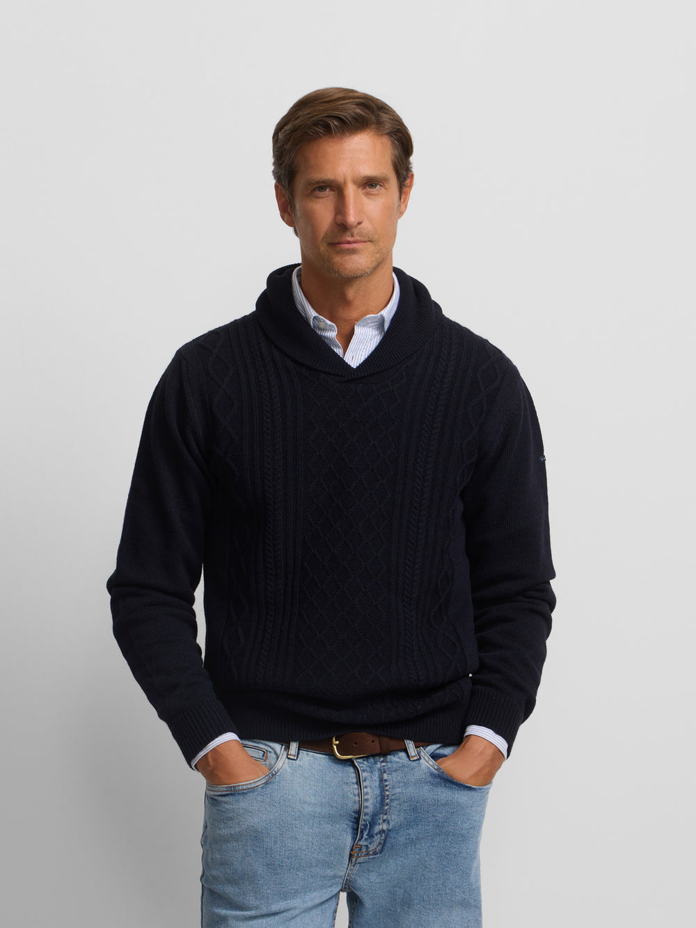 Navy blue shawl collar sweater