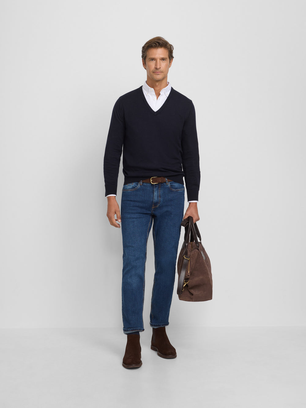 Pull col V rétro bleu marine