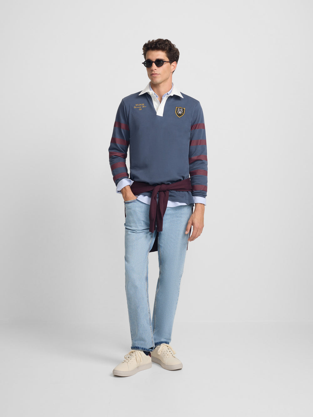 Classic rugby polo shirt with navy blue shield