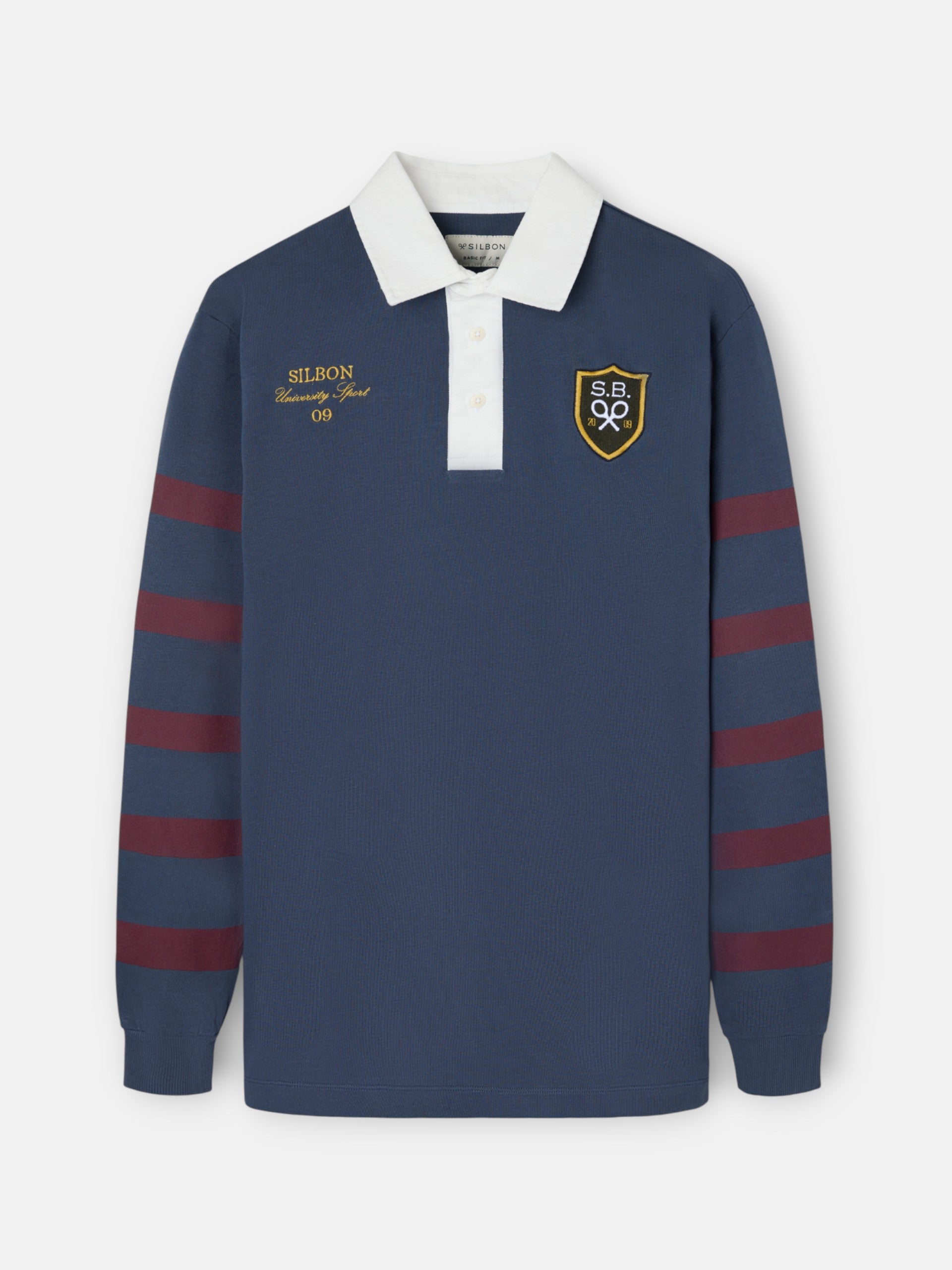 Pólo clássico rugby em azul-marinho com emblema