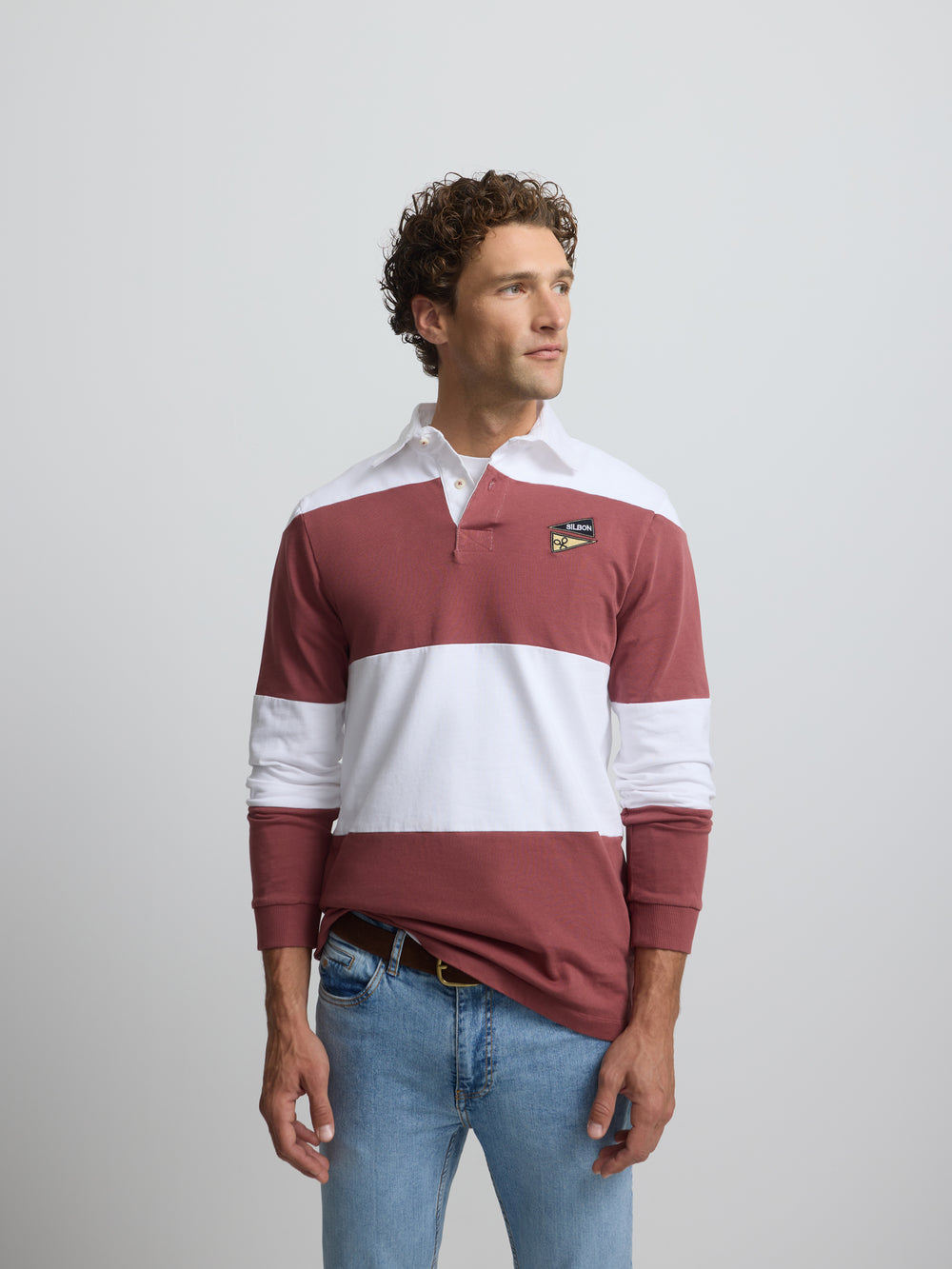 Classic rugby polo with burgundy stripes