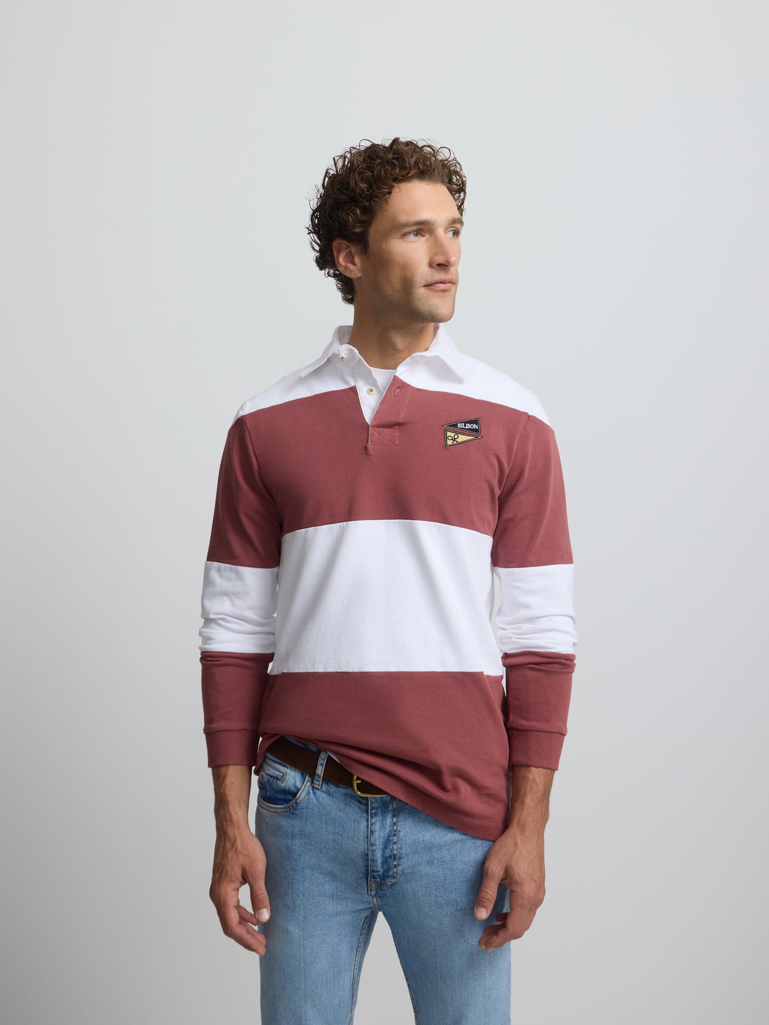 Classic rugby polo with burgundy stripes