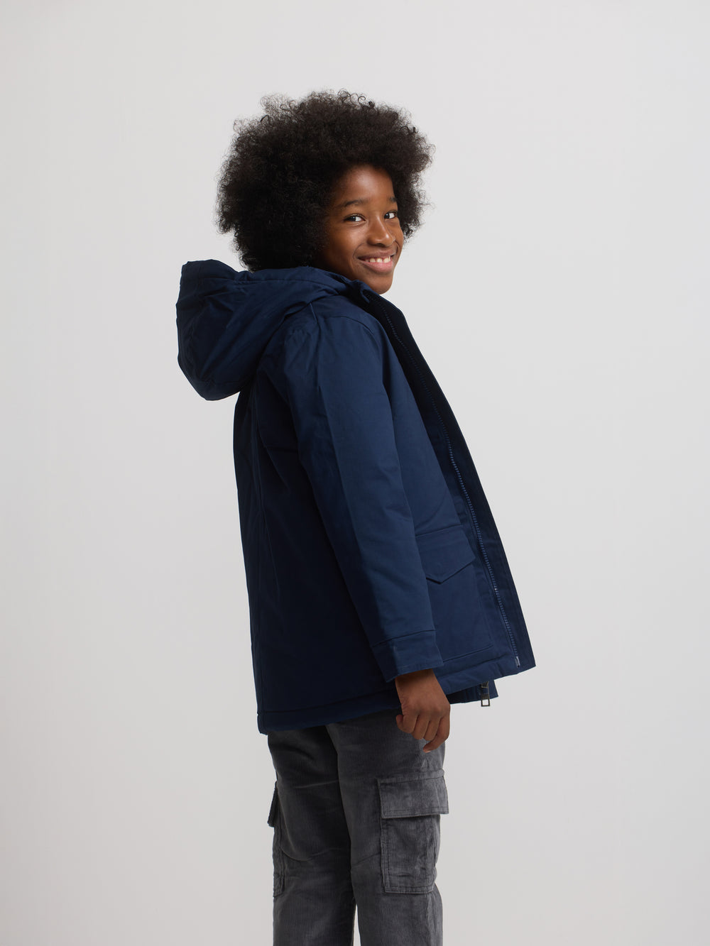 Abrigo kids capucha bolsillos azul marino