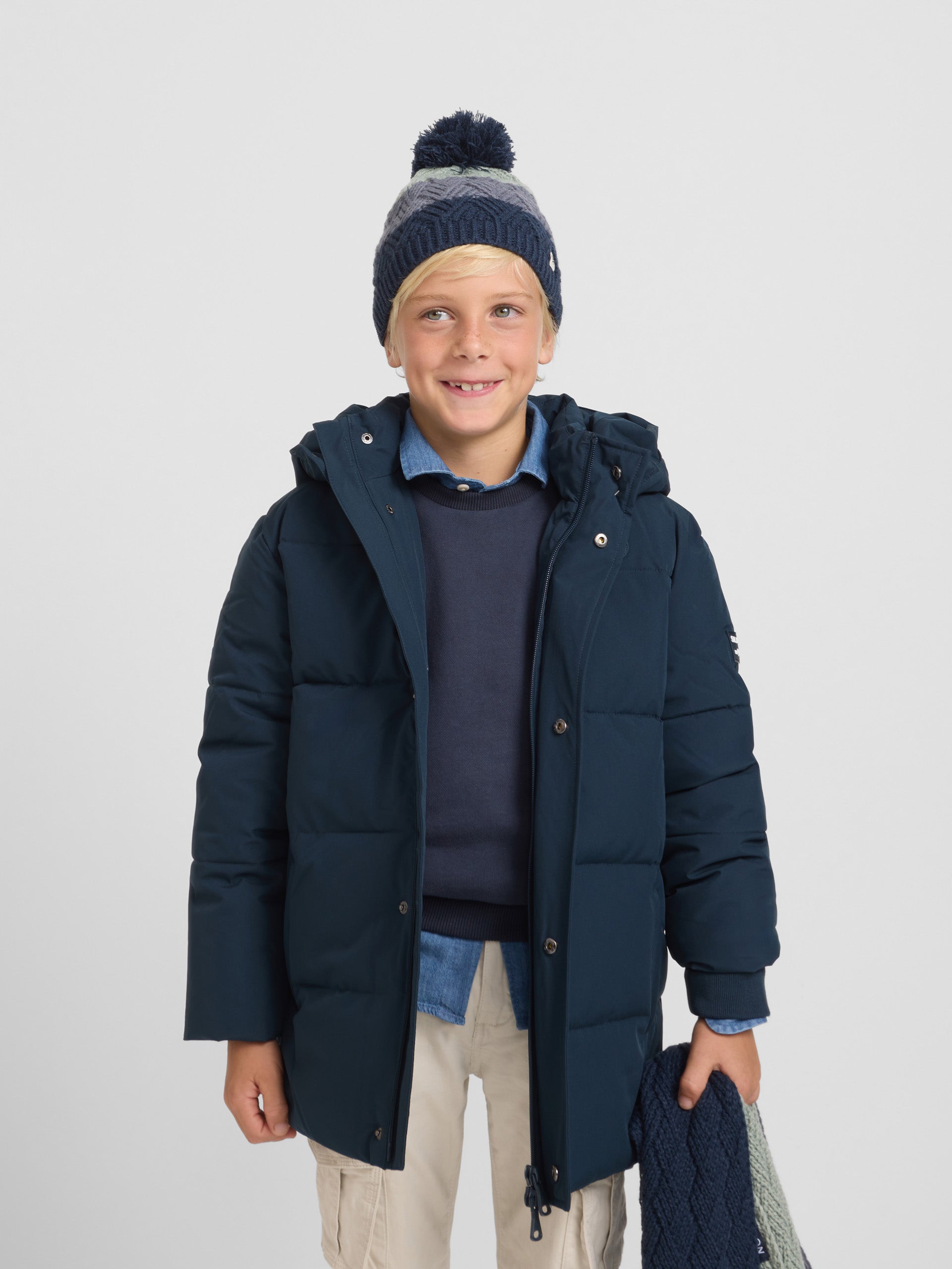 Long padded coat for kids in navy blue