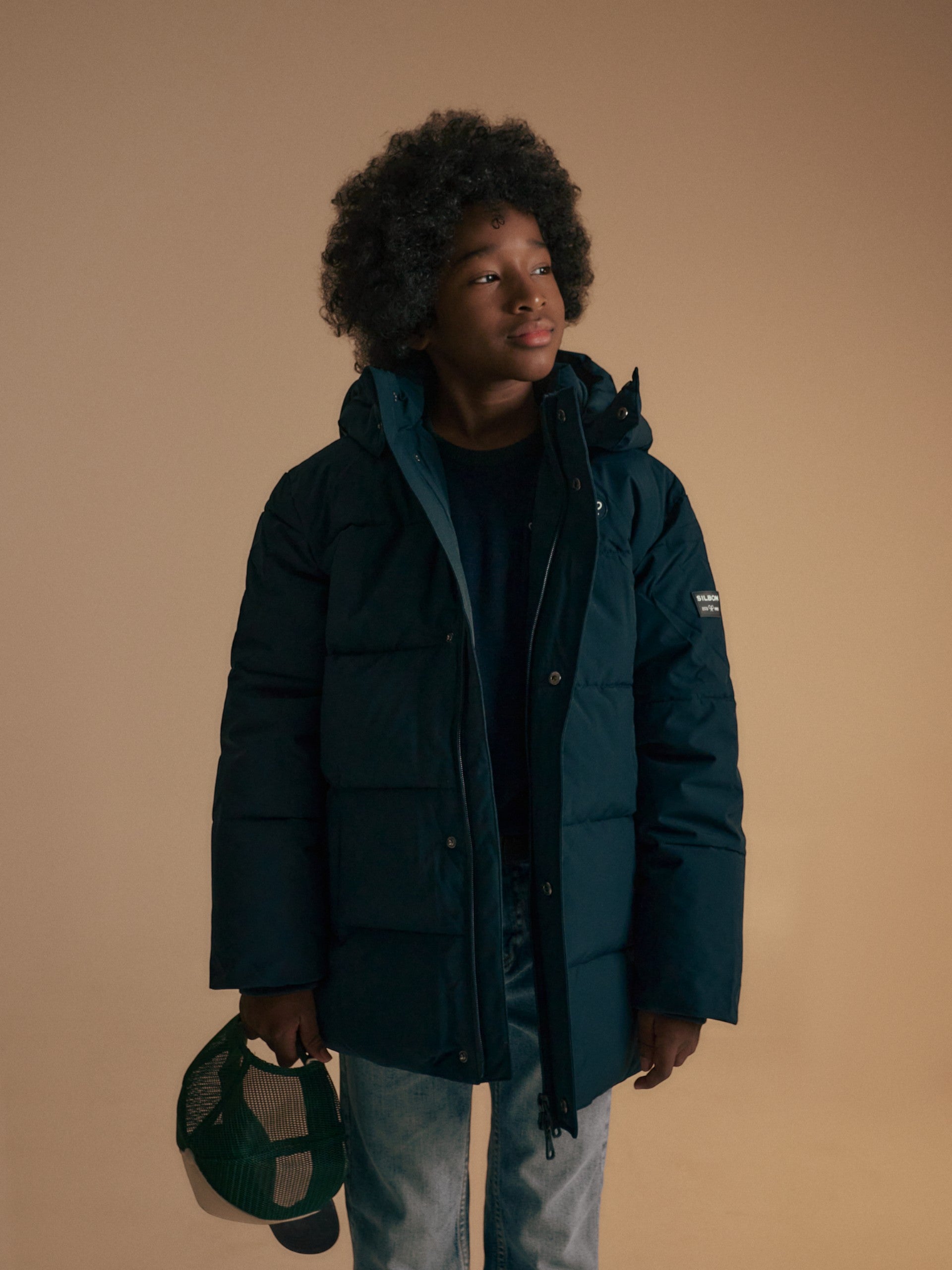 Long padded coat for kids in navy blue