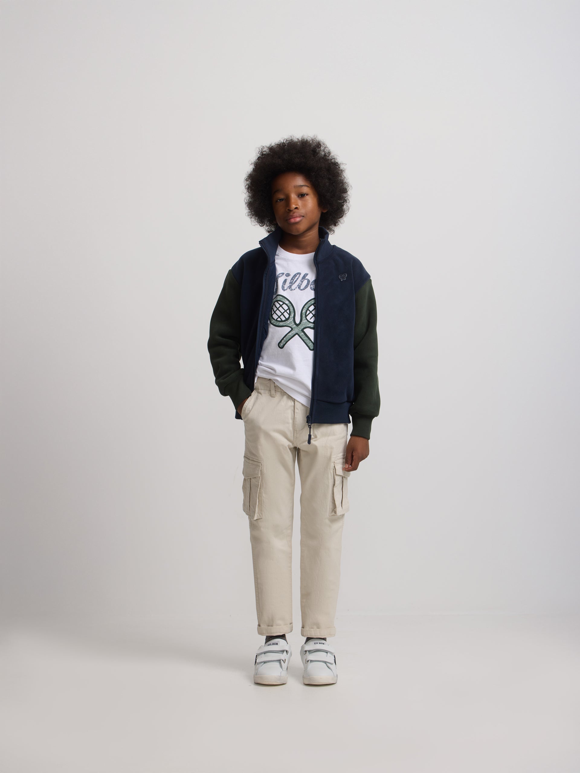 Kids' fantasy fleece jacket with navy blue sleeves