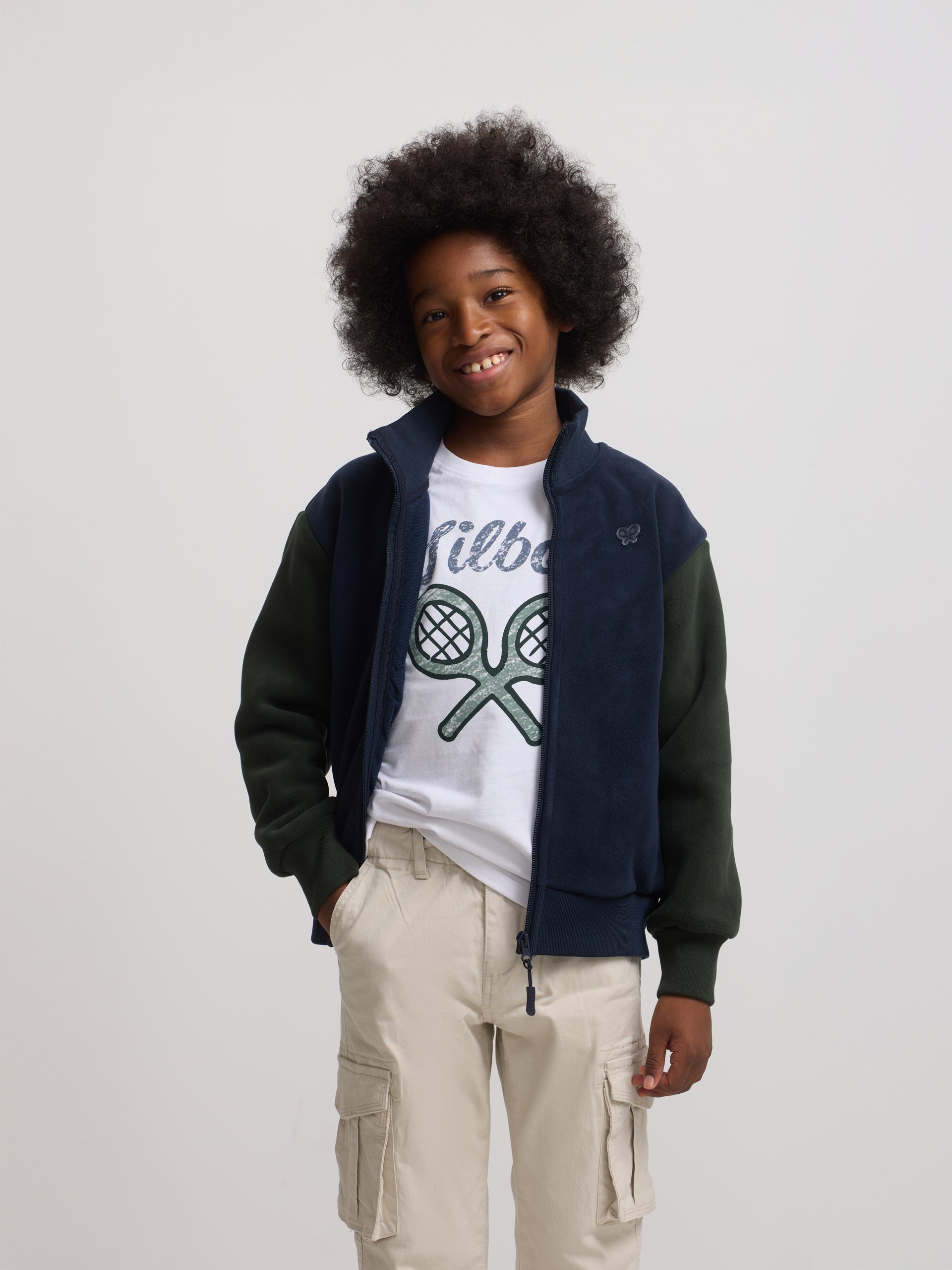 Kids' fantasy fleece jacket with navy blue sleeves