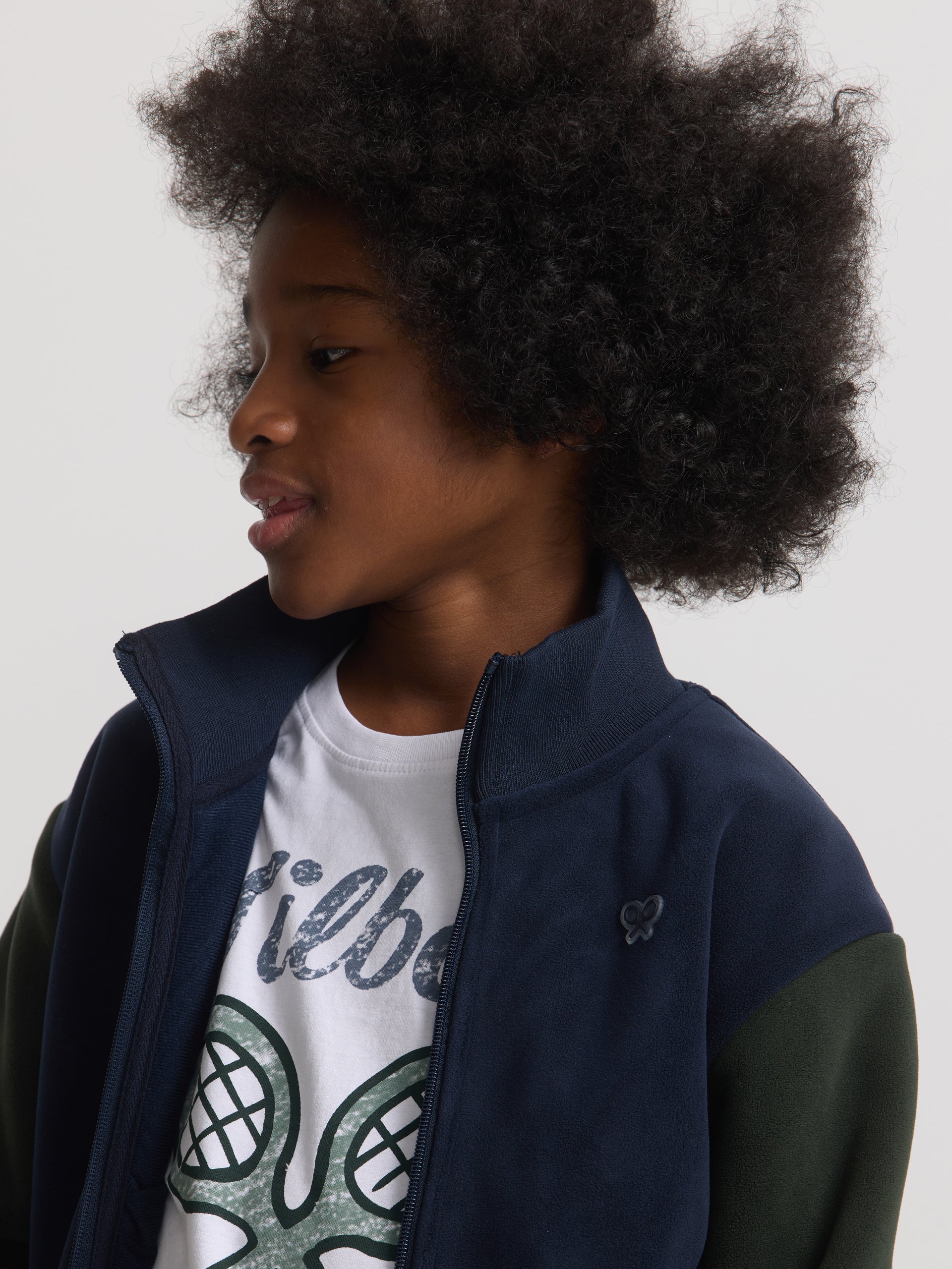 Kids' fantasy fleece jacket with navy blue sleeves
