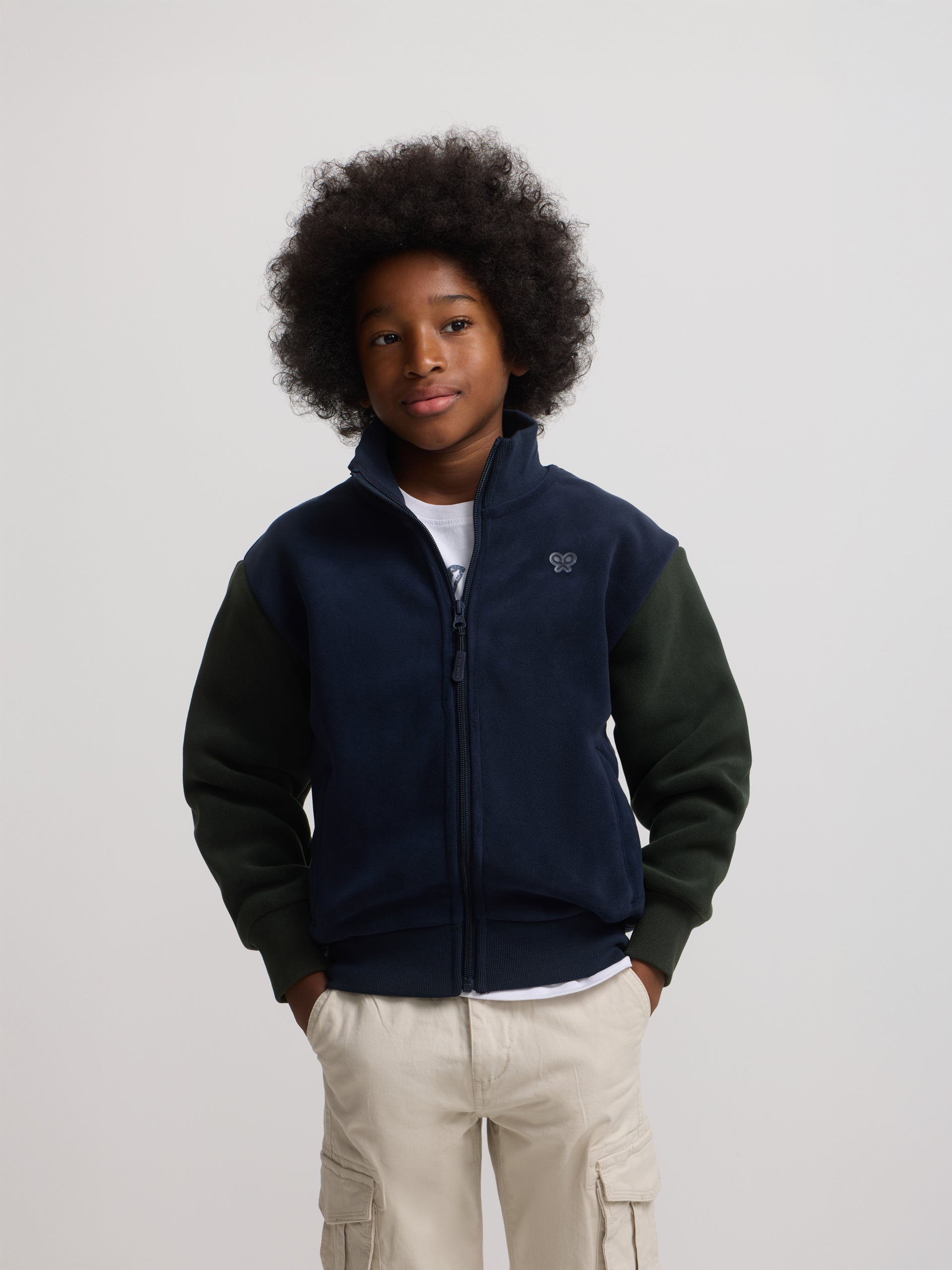 Kids' fantasy fleece jacket with navy blue sleeves