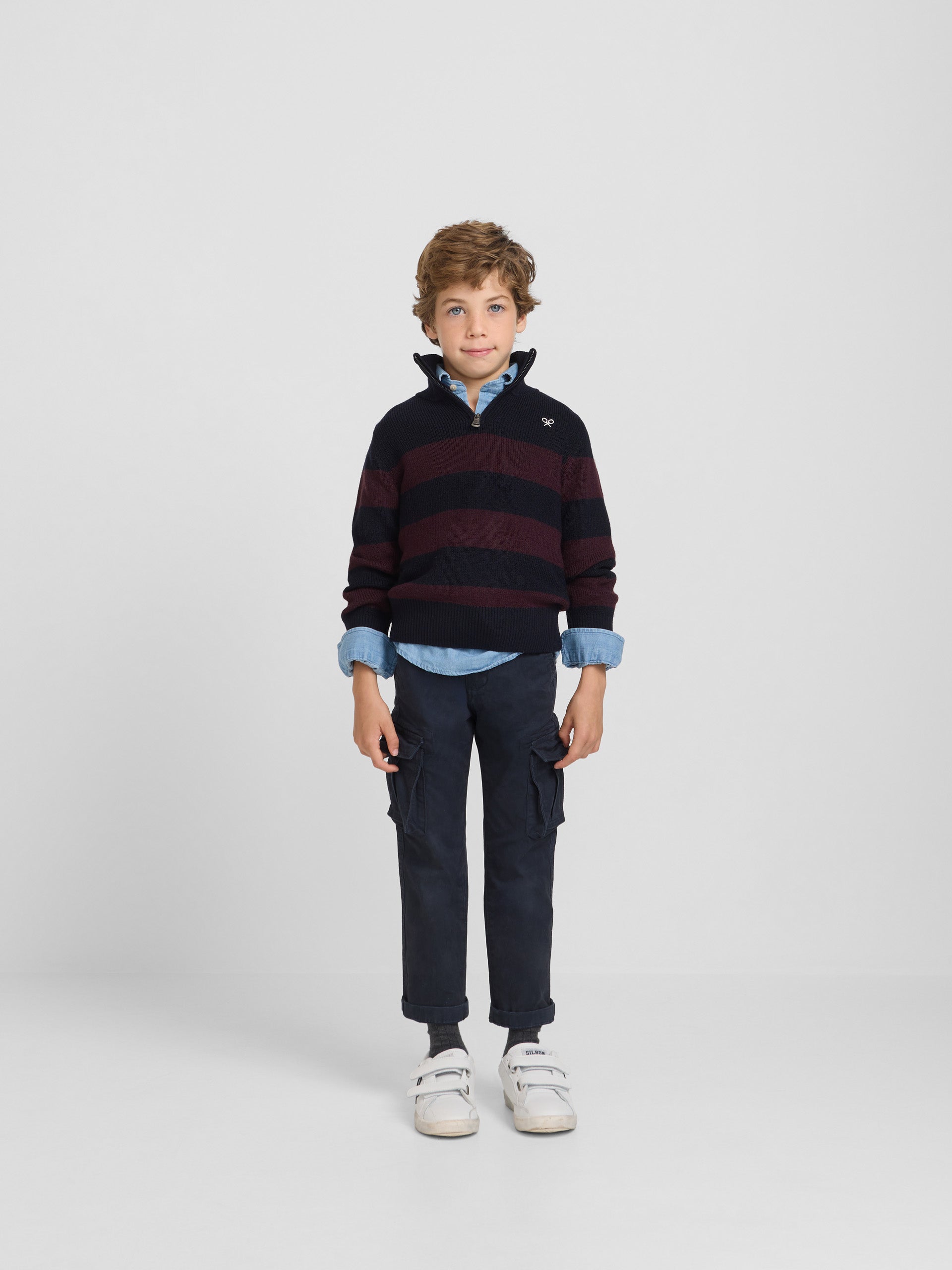 Camisola criança riscas fecho meia bordeaux