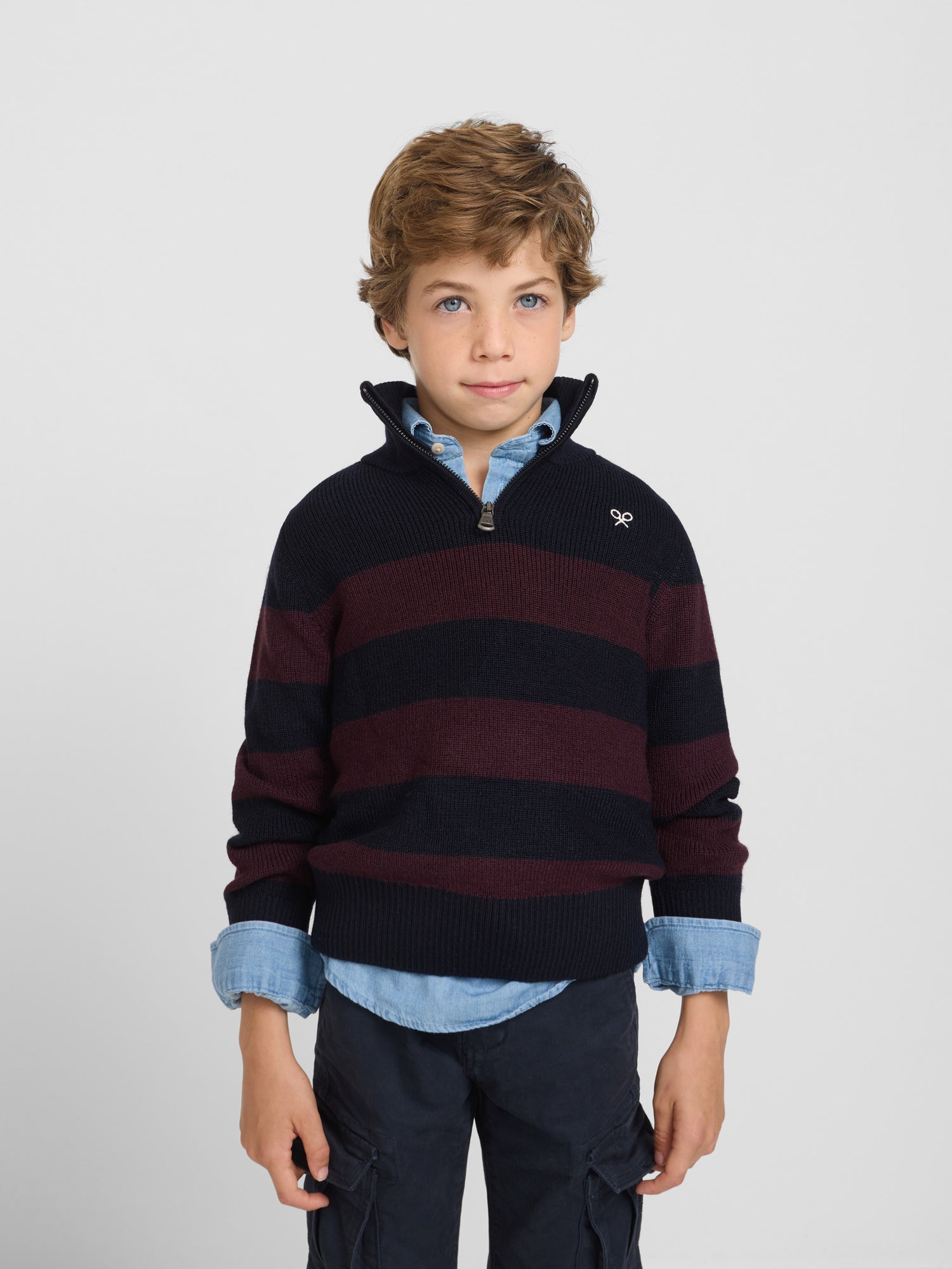 Jersey kids rayas media cremallera burdeos