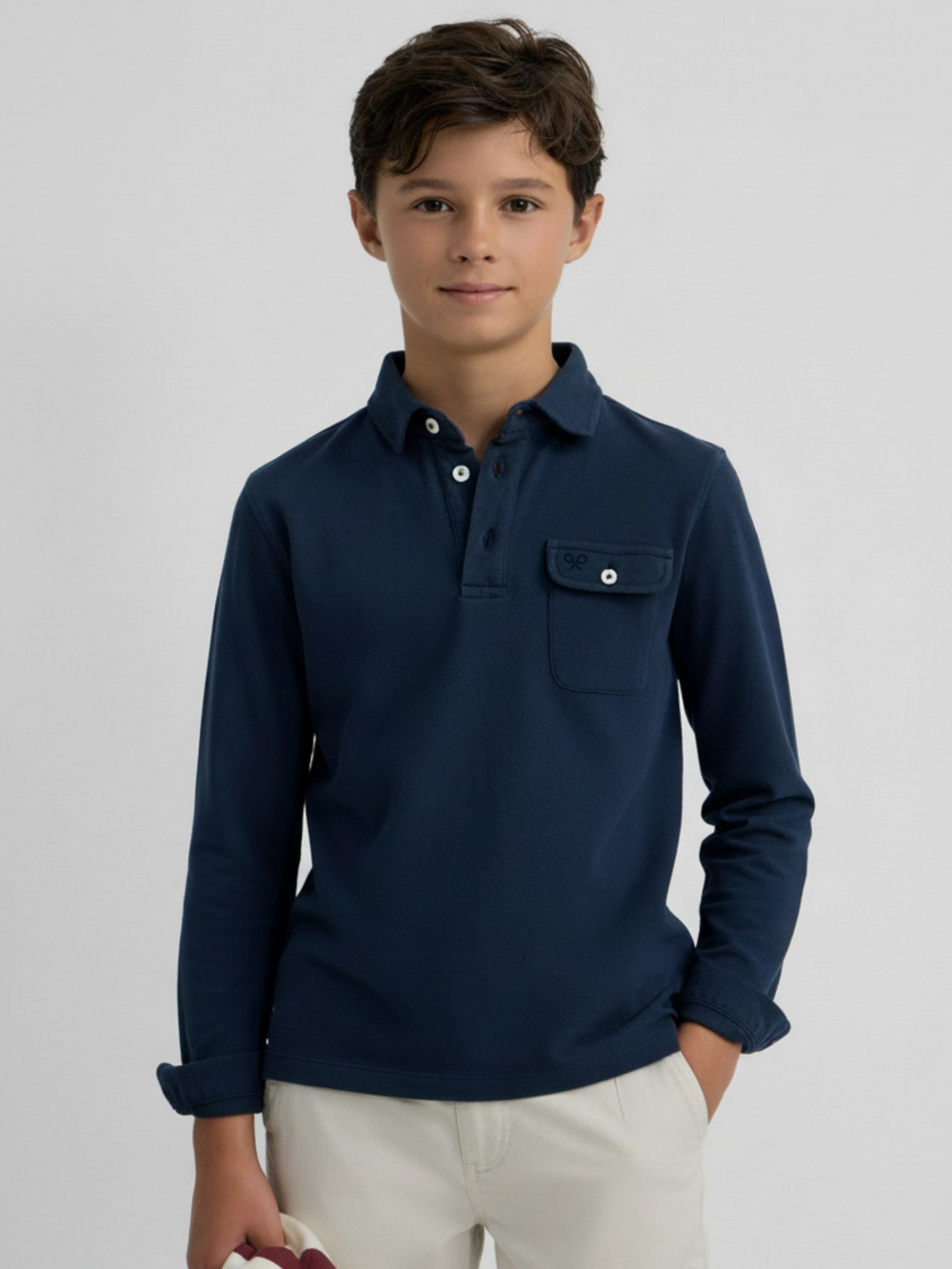 Polo enfant à manches longues avec poche bleu marine