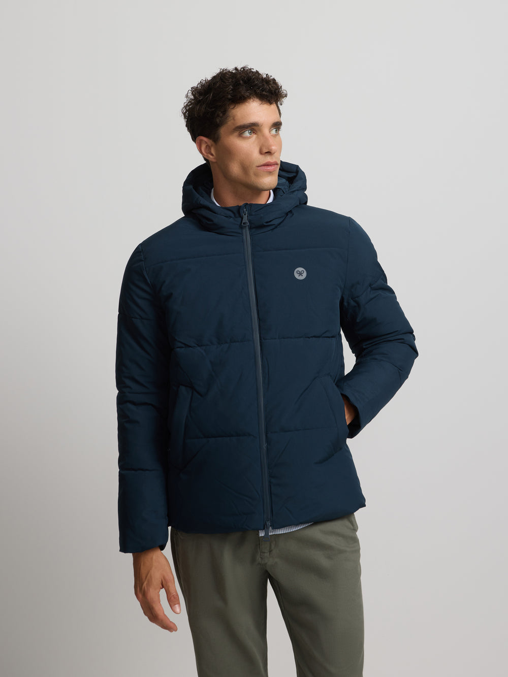 Warm navy technical hooded coat