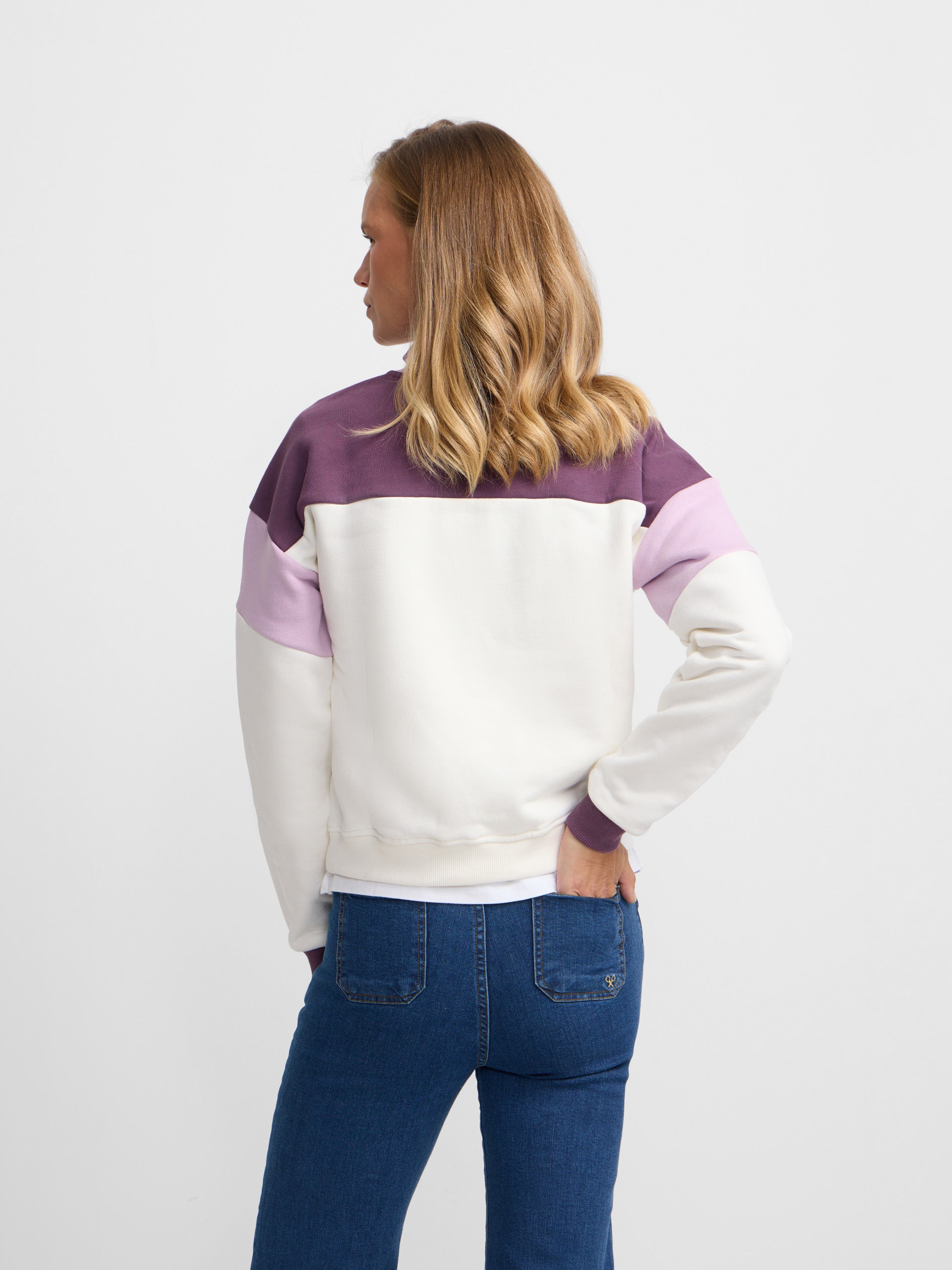 Sweatshirt mulher tricolor gola com botões roxos