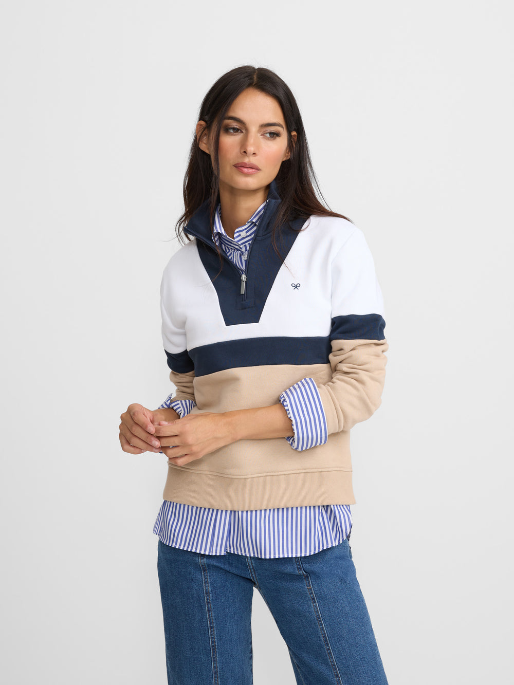 Sweatshirt mulher tricolor azul-marinho e bege