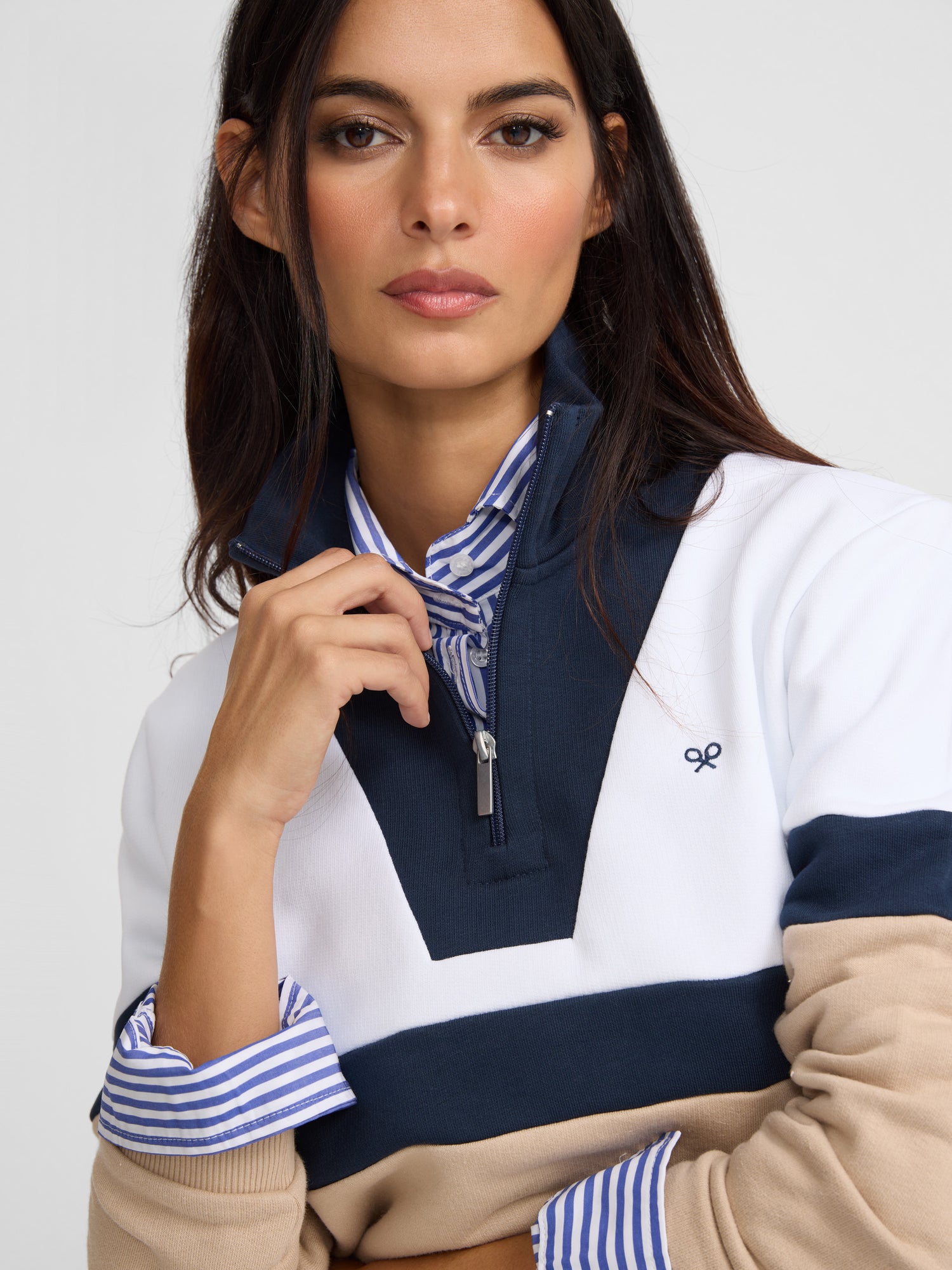 Tricolor navy blue and beige women's sweatshirt