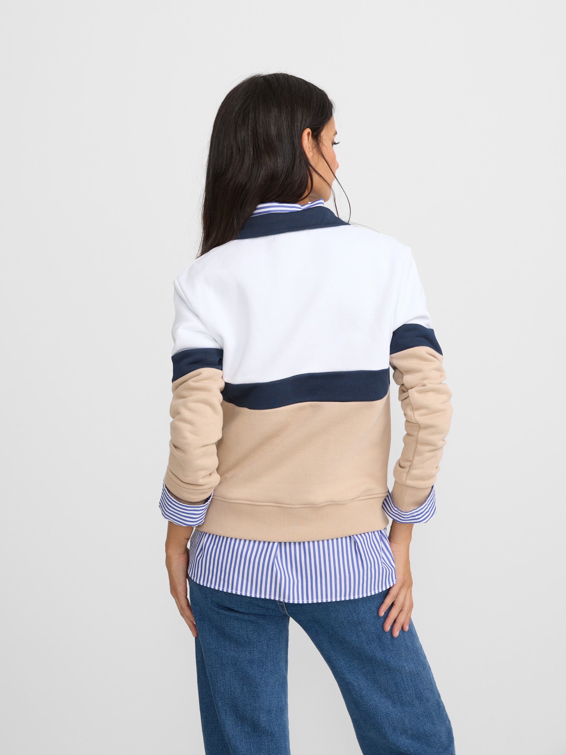 Sweatshirt mulher tricolor azul-marinho e bege