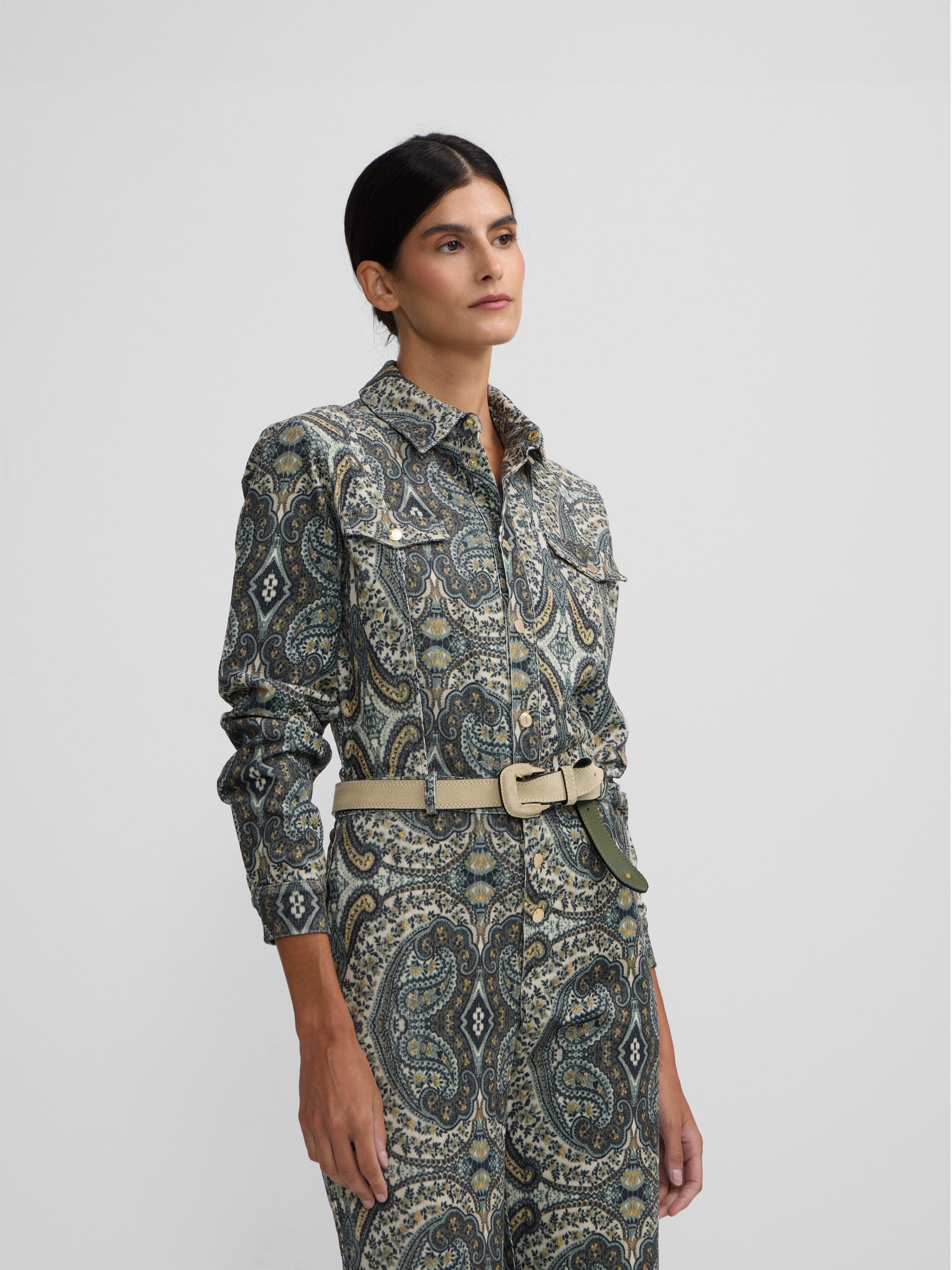 Green cashmere print corduroy jumpsuit