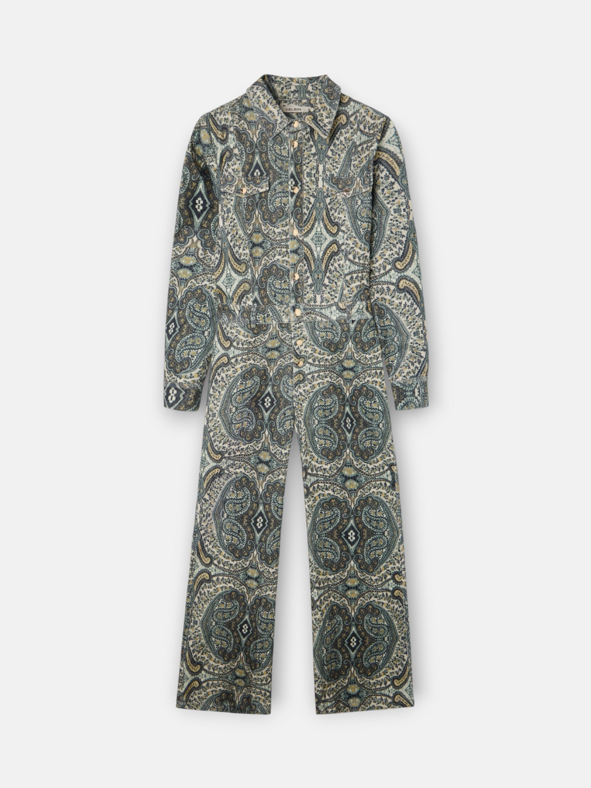 Green cashmere print corduroy jumpsuit