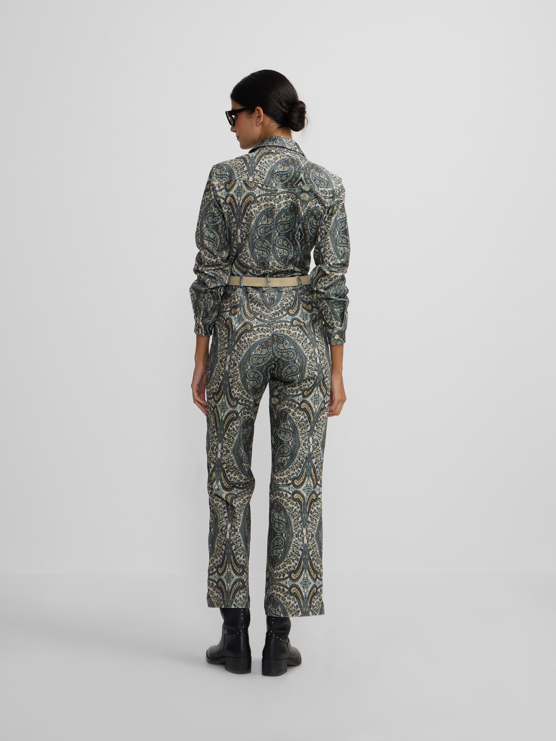 Green cashmere print corduroy jumpsuit