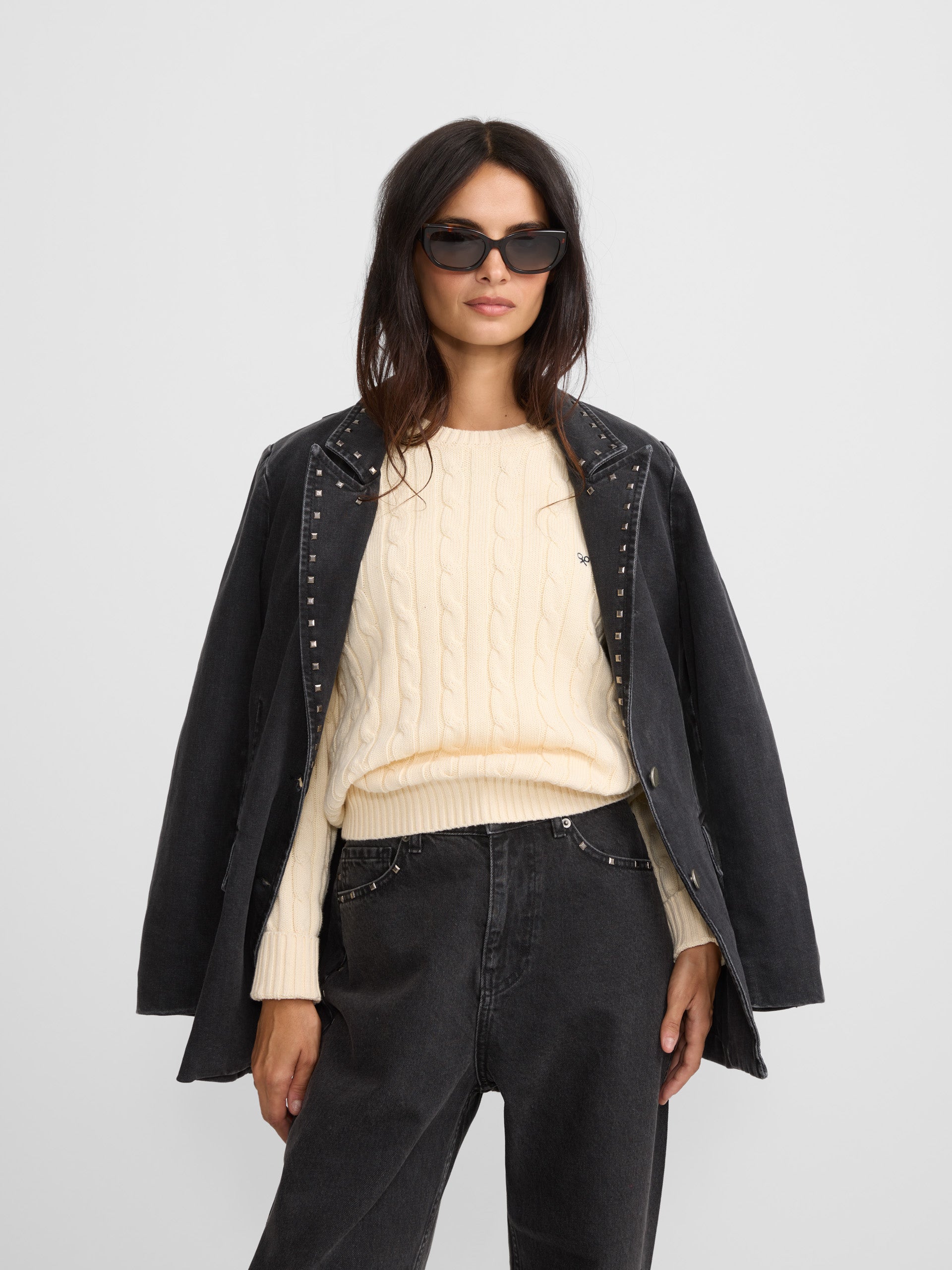 gray studded denim blazer