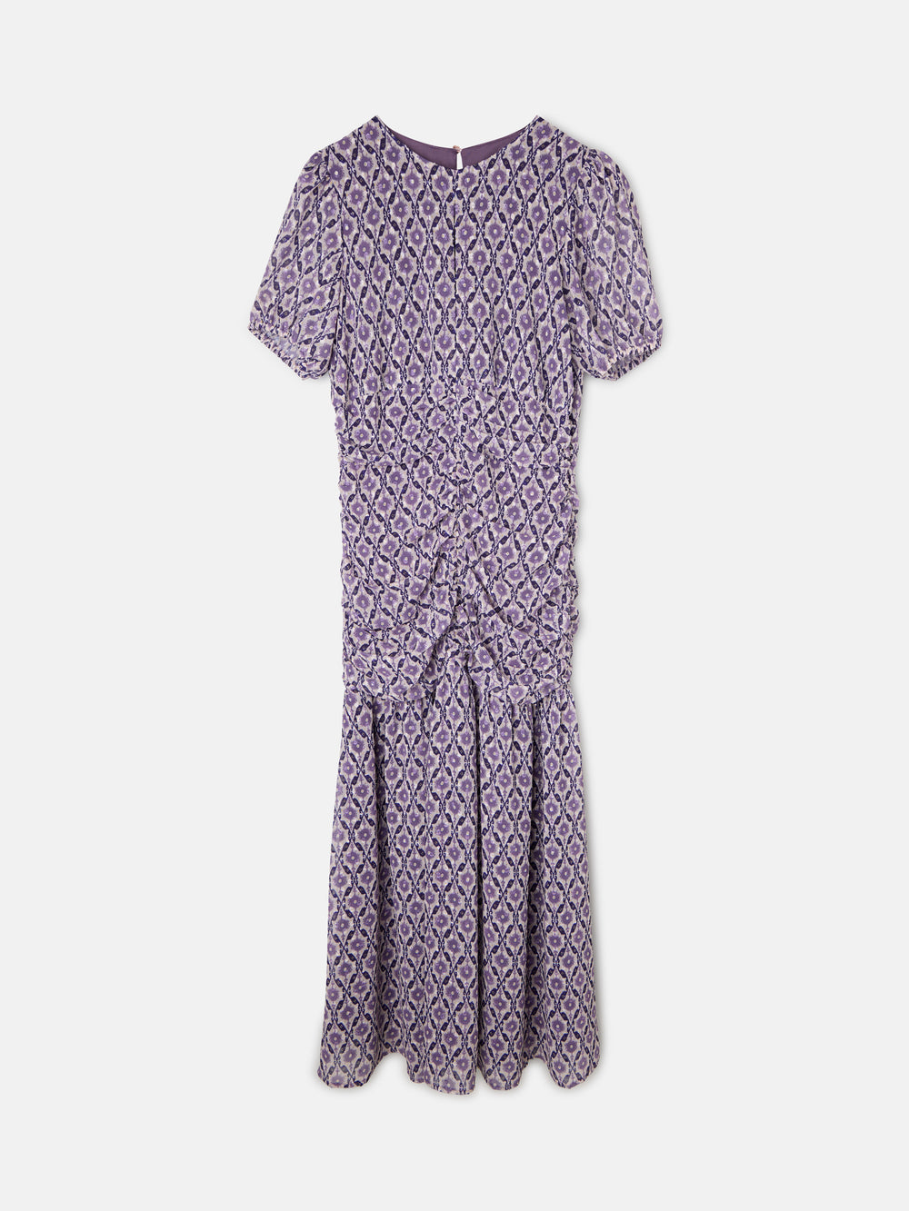 Vestido largo fruncido estampado malva