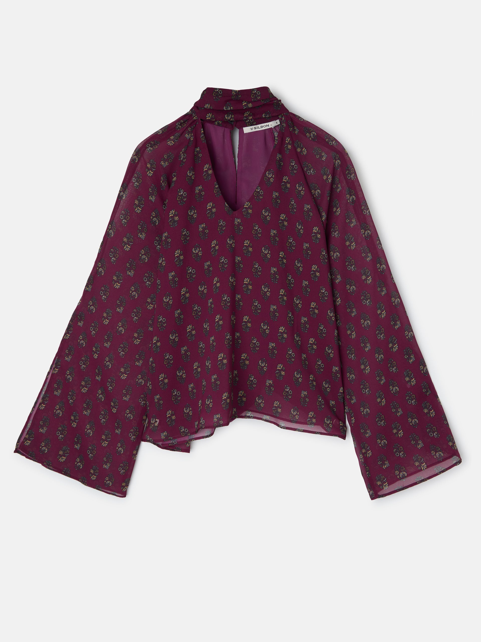 Blusa cuello estampado motivos burdeos