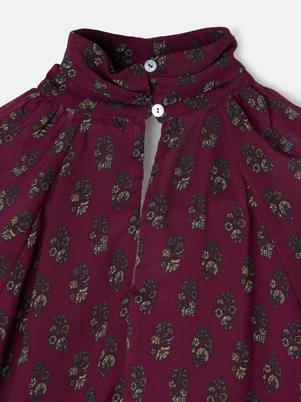 Blusa cuello estampado motivos burdeos